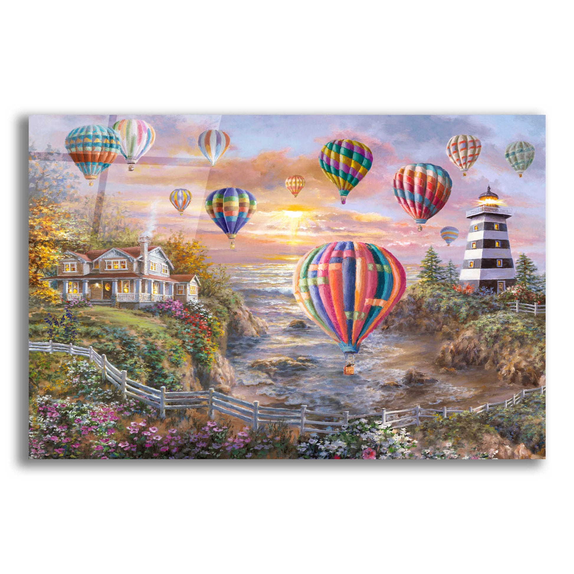 Epic Art 'Balloons Over Cottage Cove' by Nicky Boehme, Acrylic Glass Wall Art,24x16