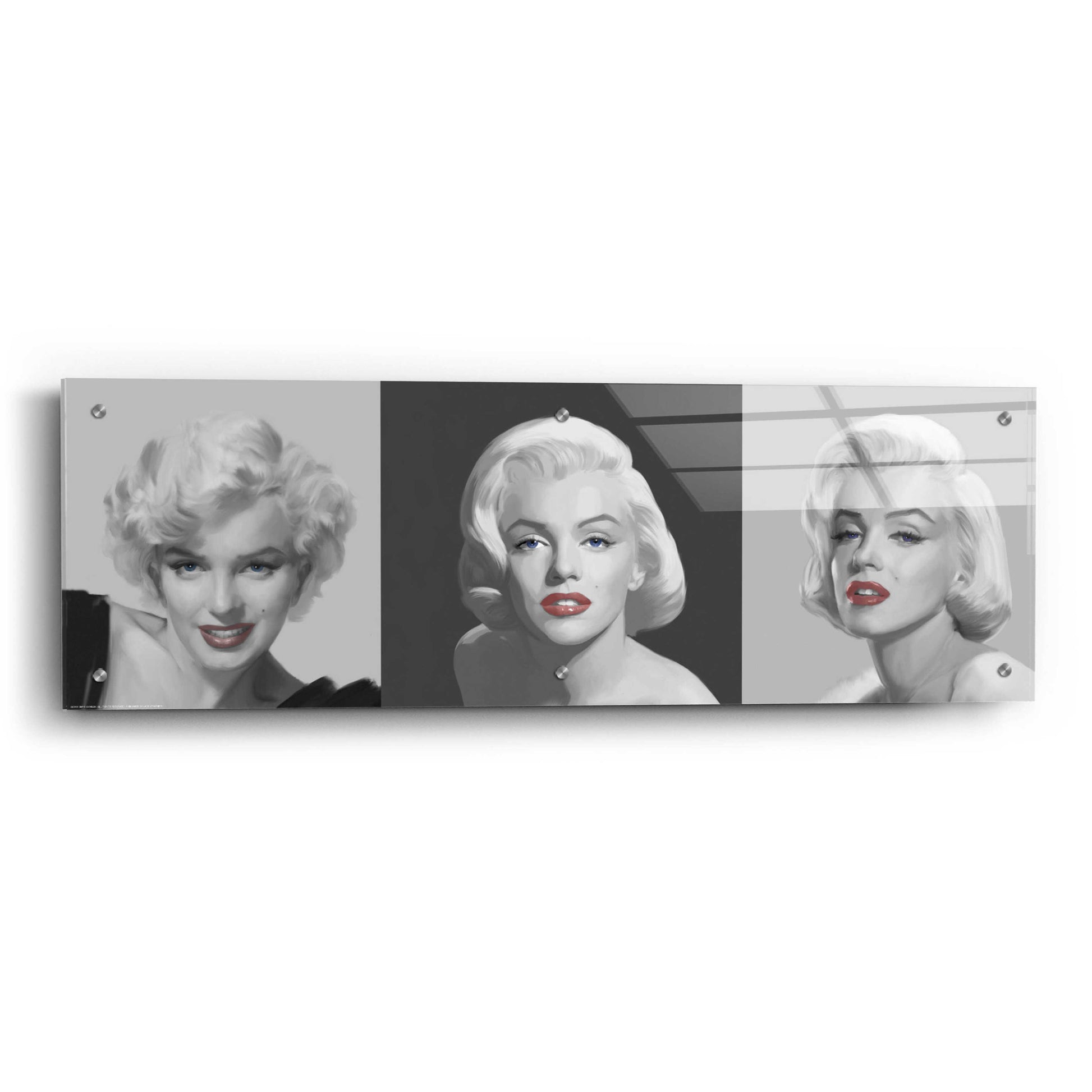 Epic Art 'Marilyn Trio Red Lips Blue Eyes' by Chris Consani, Acrylic Glass Wall Art,36x12