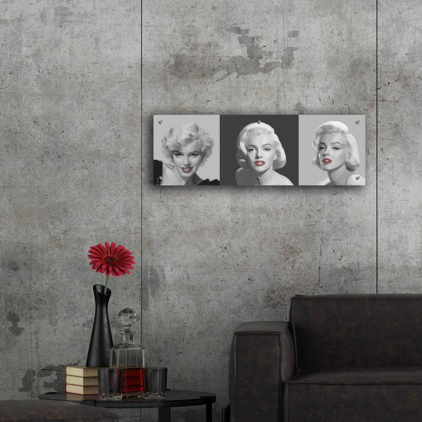 Epic Art 'Marilyn Trio Red Lips Blue Eyes' by Chris Consani, Acrylic Glass Wall Art,36x12