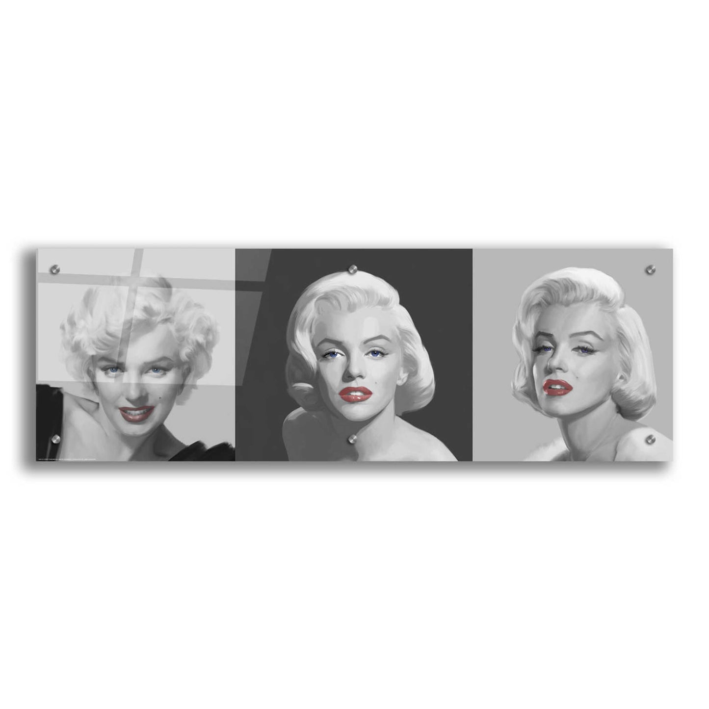 Epic Art 'Marilyn Trio Red Lips Blue Eyes' by Chris Consani, Acrylic Glass Wall Art,36x12