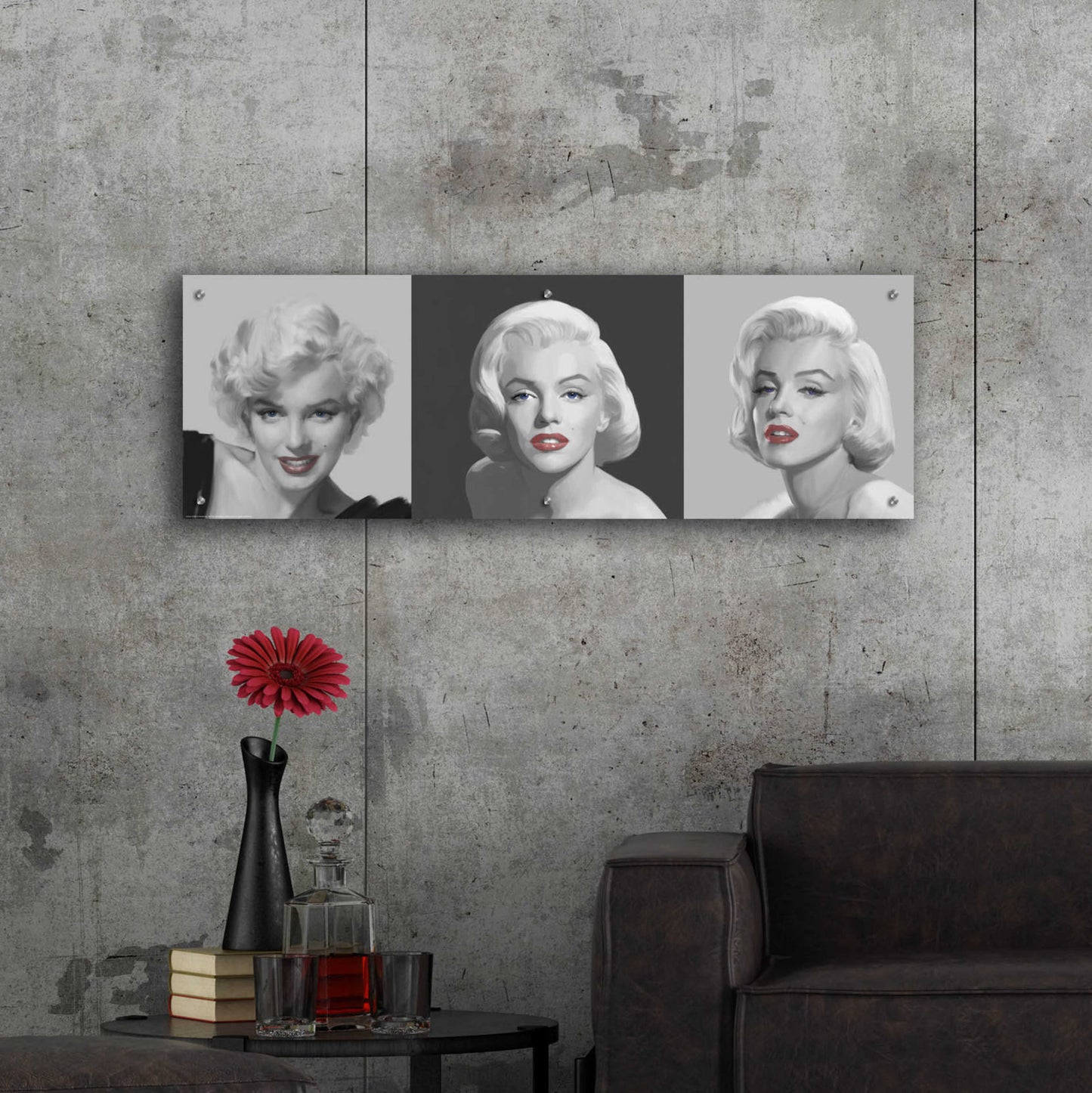 Epic Art 'Marilyn Trio Red Lips Blue Eyes' by Chris Consani, Acrylic Glass Wall Art,48x16