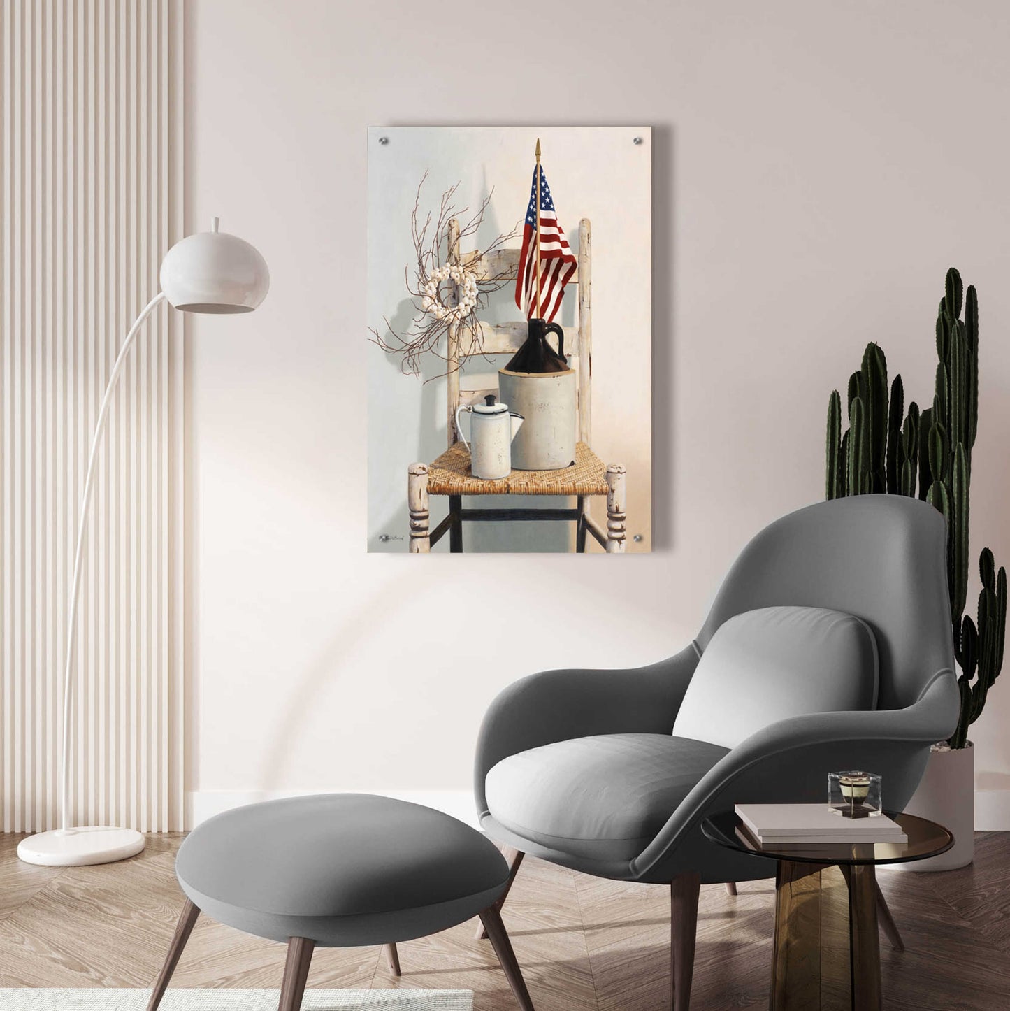 Epic Art 'Chair With Jug And Flag' by Cecile Baird, Acrylic Glass Wall Art,24x36