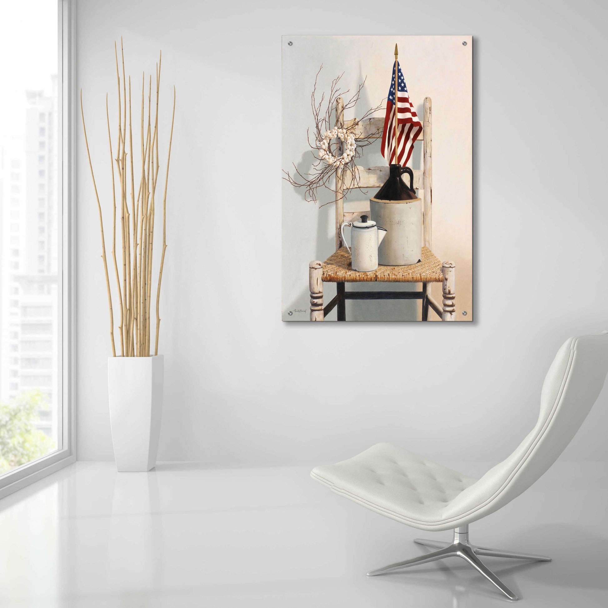 Epic Art 'Chair With Jug And Flag' by Cecile Baird, Acrylic Glass Wall Art,24x36