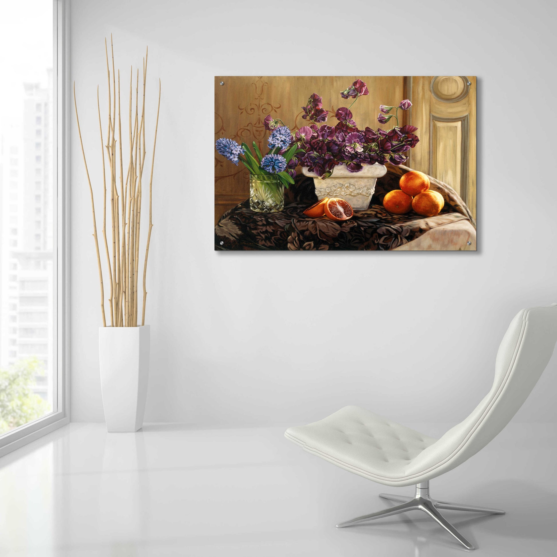 Epic Art 'Sweet Peas And Blood Orange.' by Robin Anderson, Acrylic Glass Wall Art,36x24