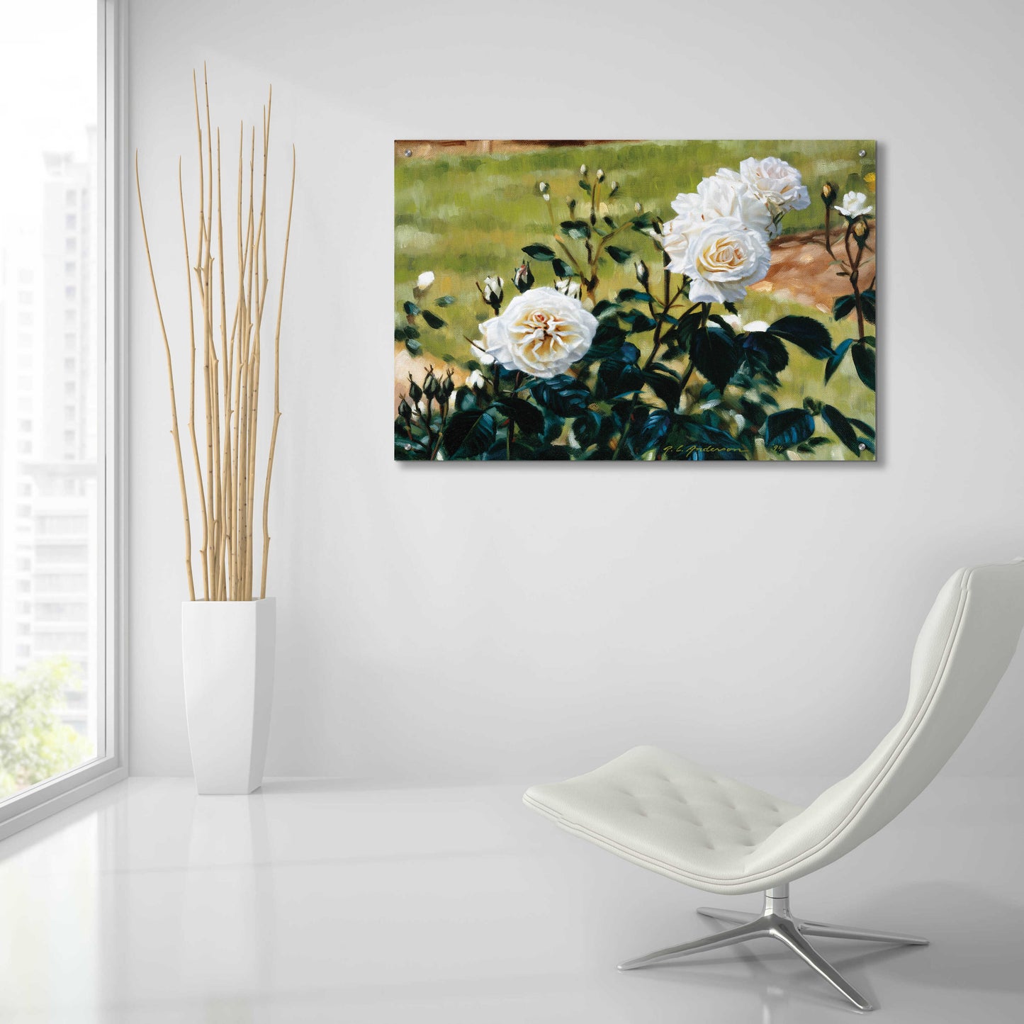 Epic Art 'White Roses' by Robin Anderson, Acrylic Glass Wall Art,36x24