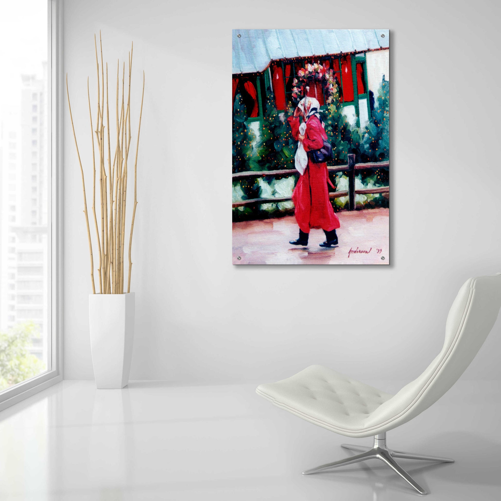 Epic Art 'Red Coat & Santa House' by Robin Anderson, Acrylic Glass Wall Art,24x36