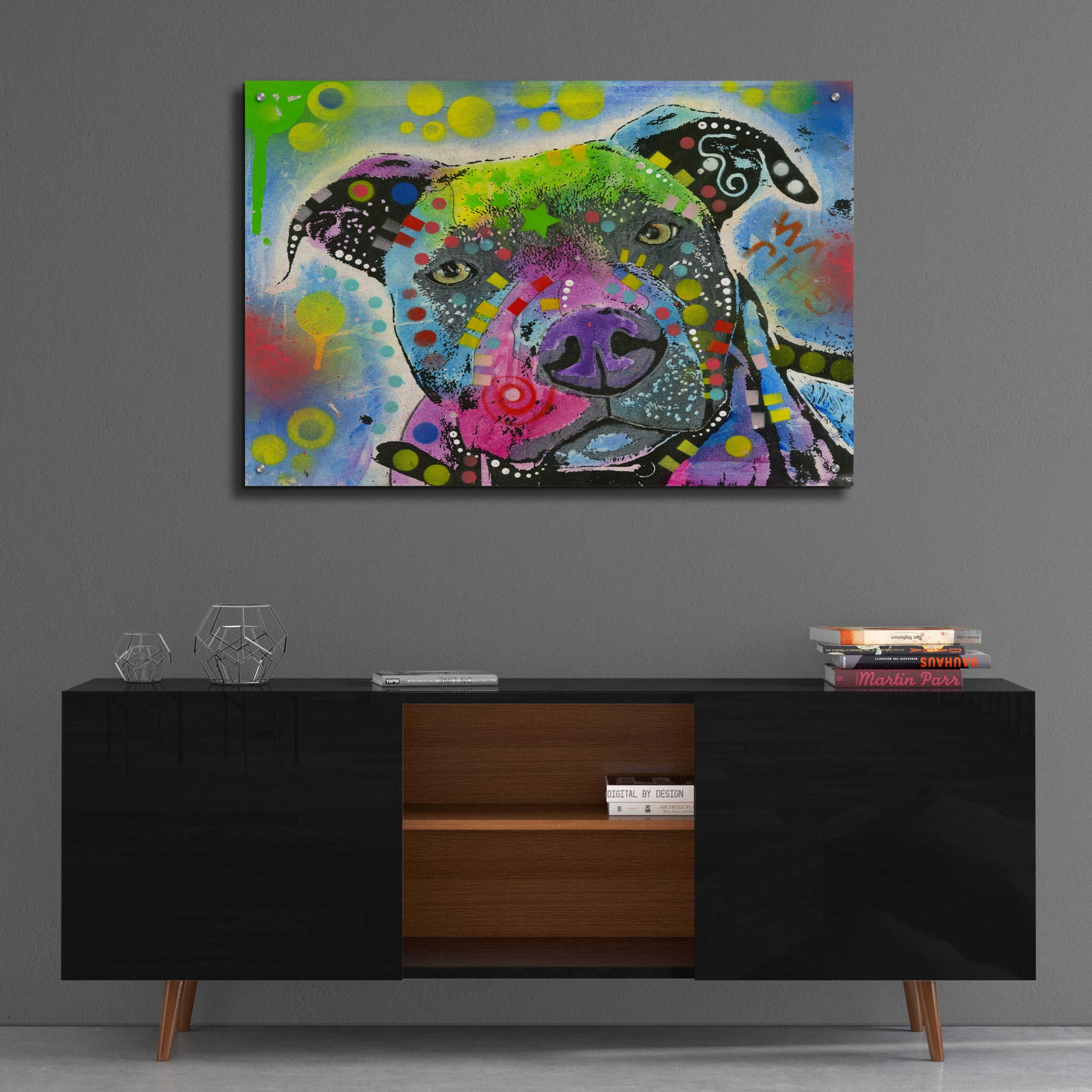 Epic Art 'Pit Bull's mix it up' by Dean Russo, Acrylic Glass Wall Art,36x24