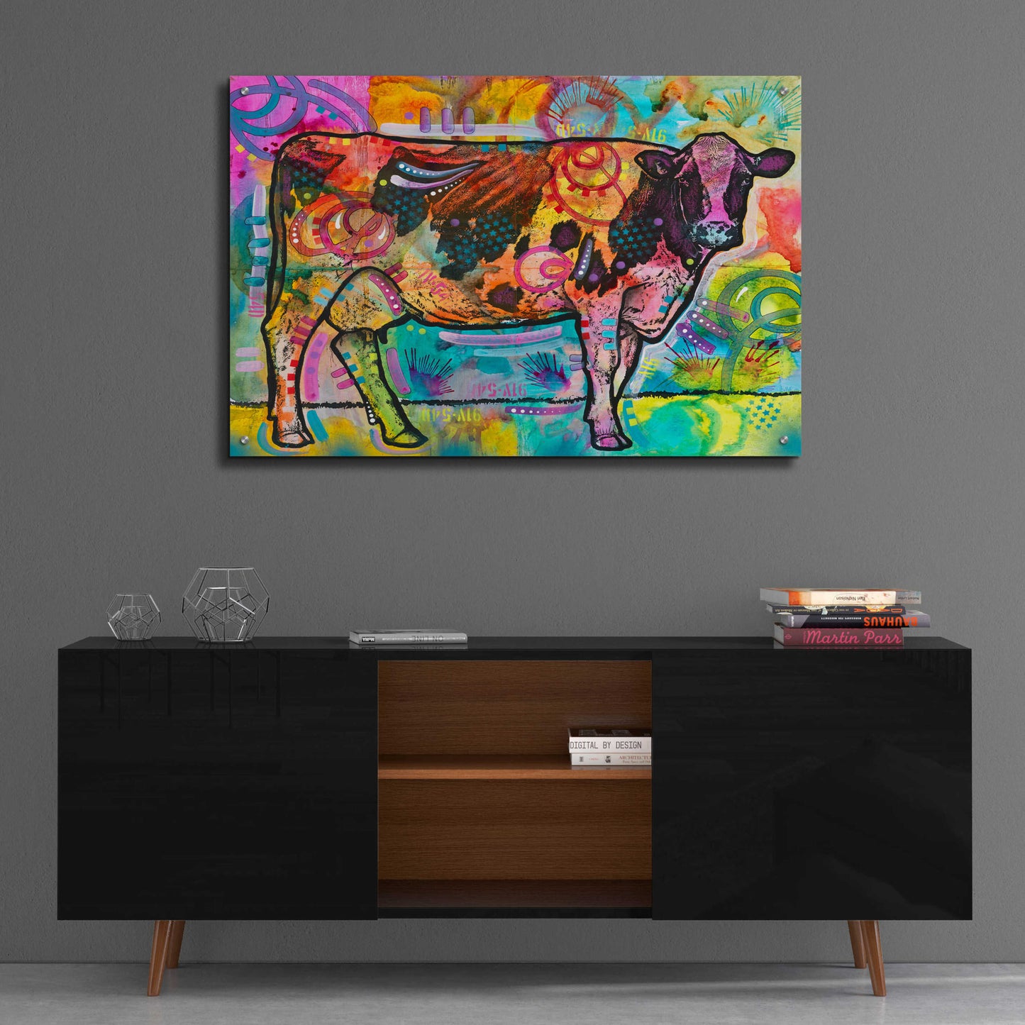 Epic Art 'Cow - Mooove Over Rover' by Dean Russo, Acrylic Glass Wall Art,36x24