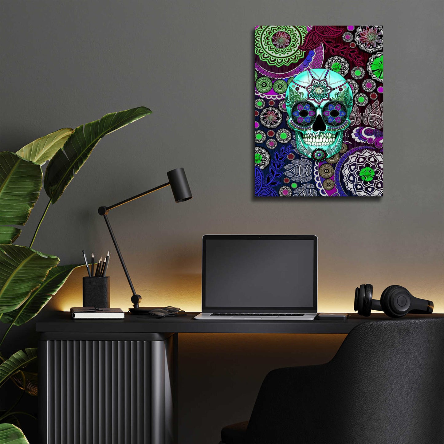 Epic Art 'Sugar Skull Sombrero Night' by Fusion Idol Arts, Acrylic Glass Wall Art,12x16