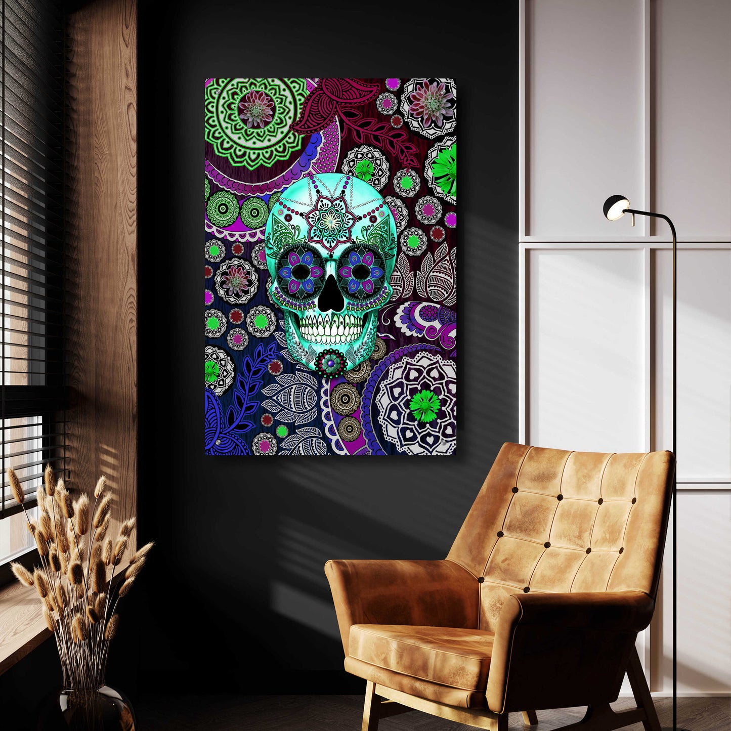 Epic Art 'Sugar Skull Sombrero Night' by Fusion Idol Arts, Acrylic Glass Wall Art,24x36