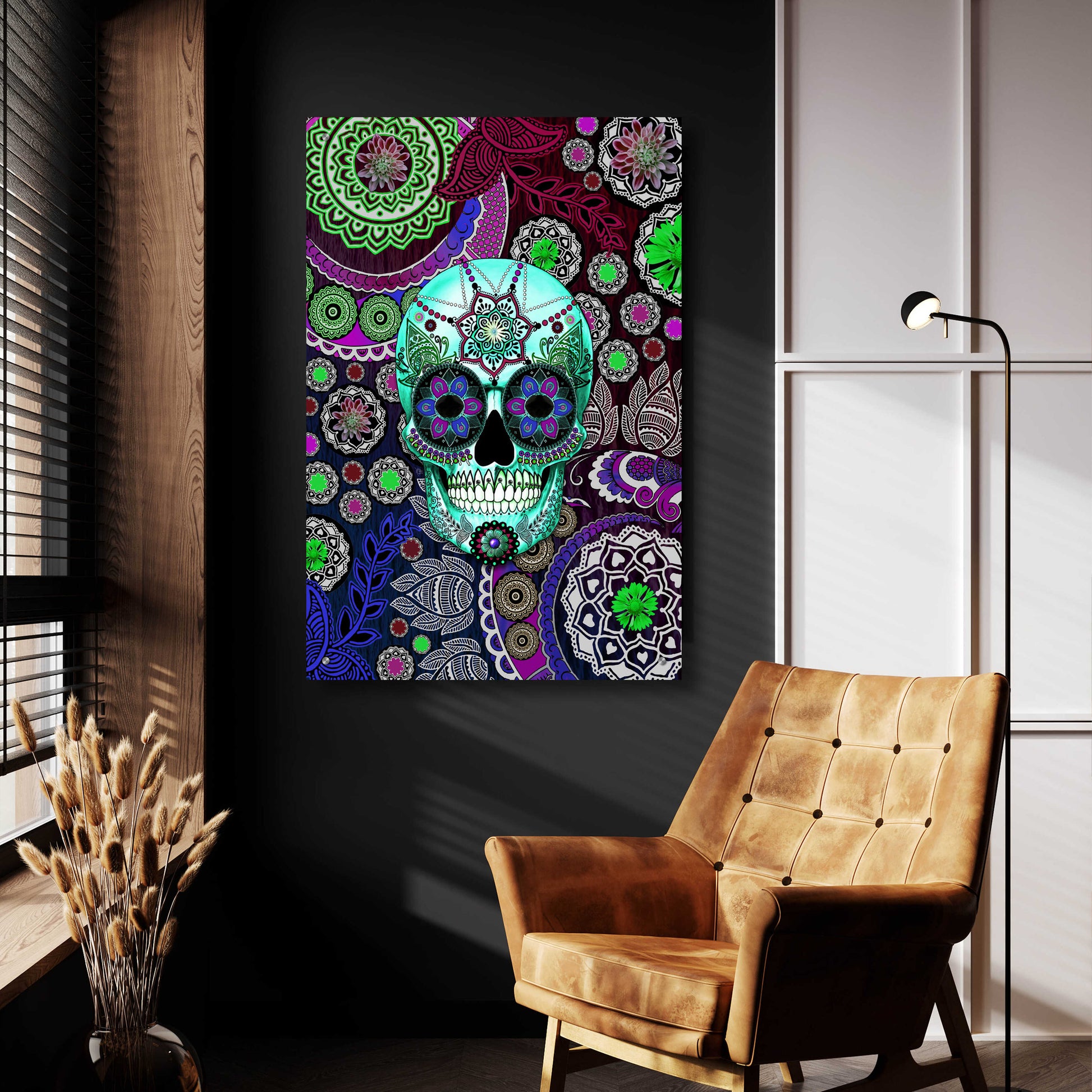 Epic Art 'Sugar Skull Sombrero Night' by Fusion Idol Arts, Acrylic Glass Wall Art,24x36