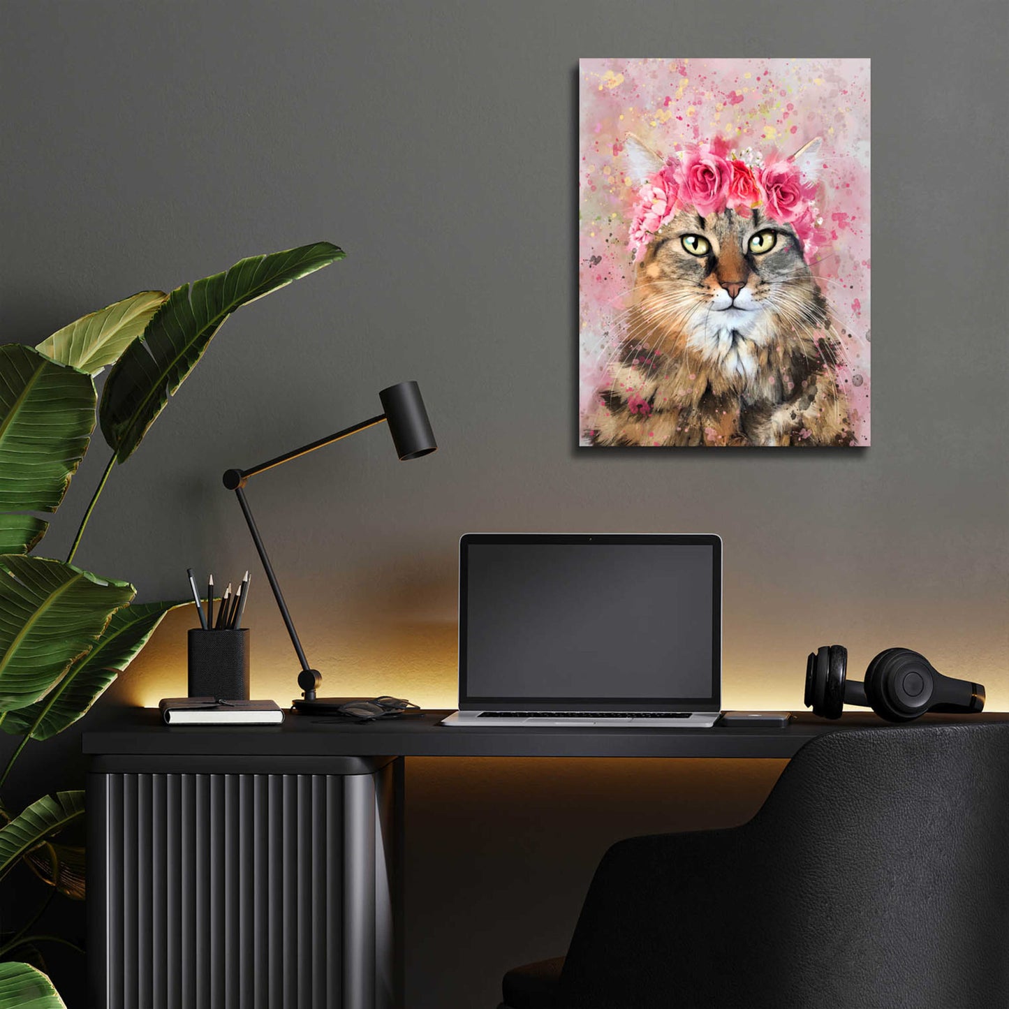 Epic Art 'Flower Crown Tabby Cat 5' by Furbaby Affiliates, Acrylic Glass Wall Art,12x16