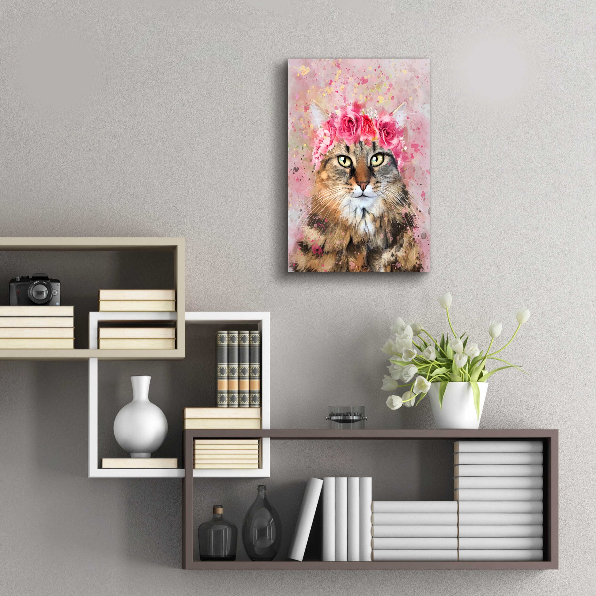 Epic Art 'Flower Crown Tabby Cat 5' by Furbaby Affiliates, Acrylic Glass Wall Art,16x24