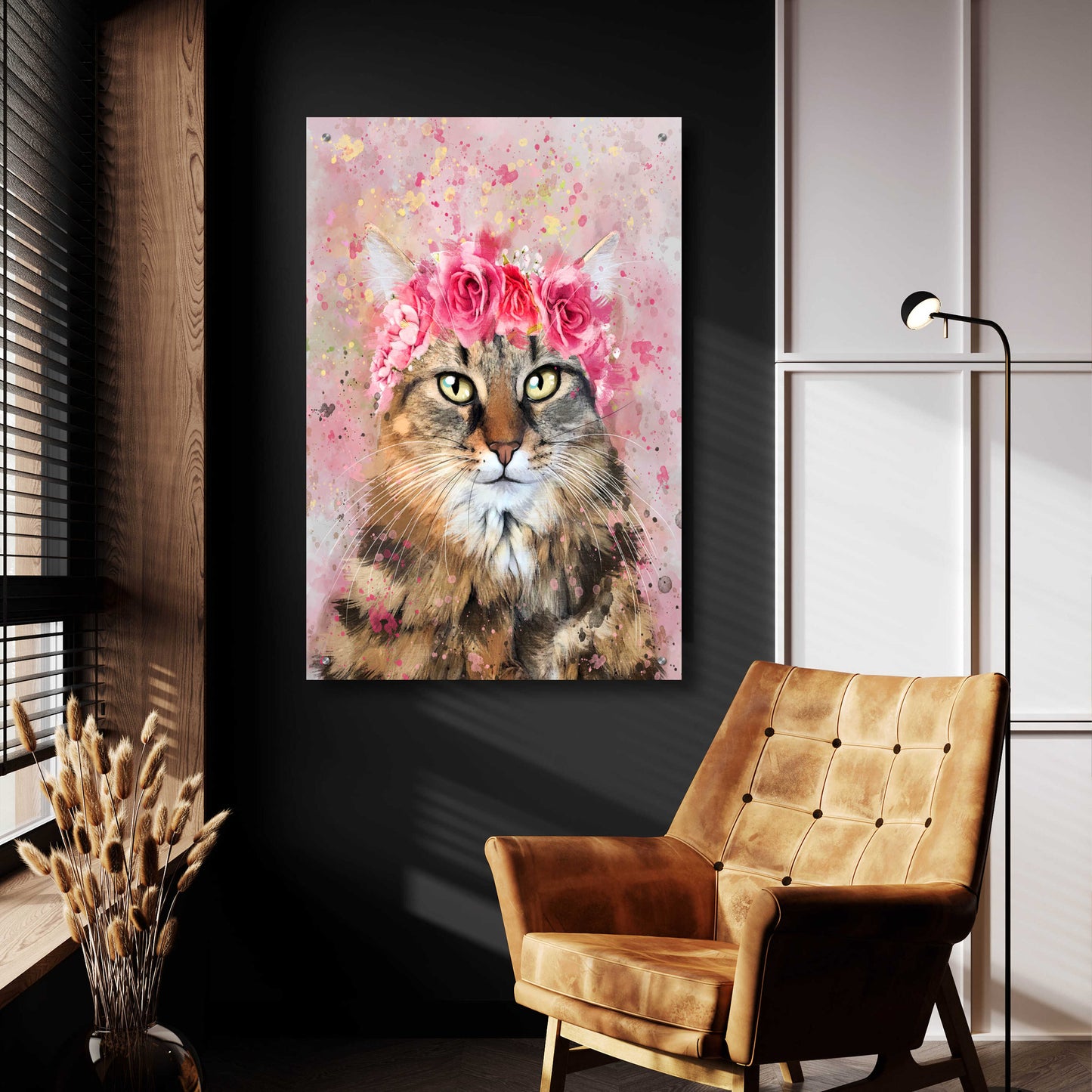 Epic Art 'Flower Crown Tabby Cat 5' by Furbaby Affiliates, Acrylic Glass Wall Art,24x36