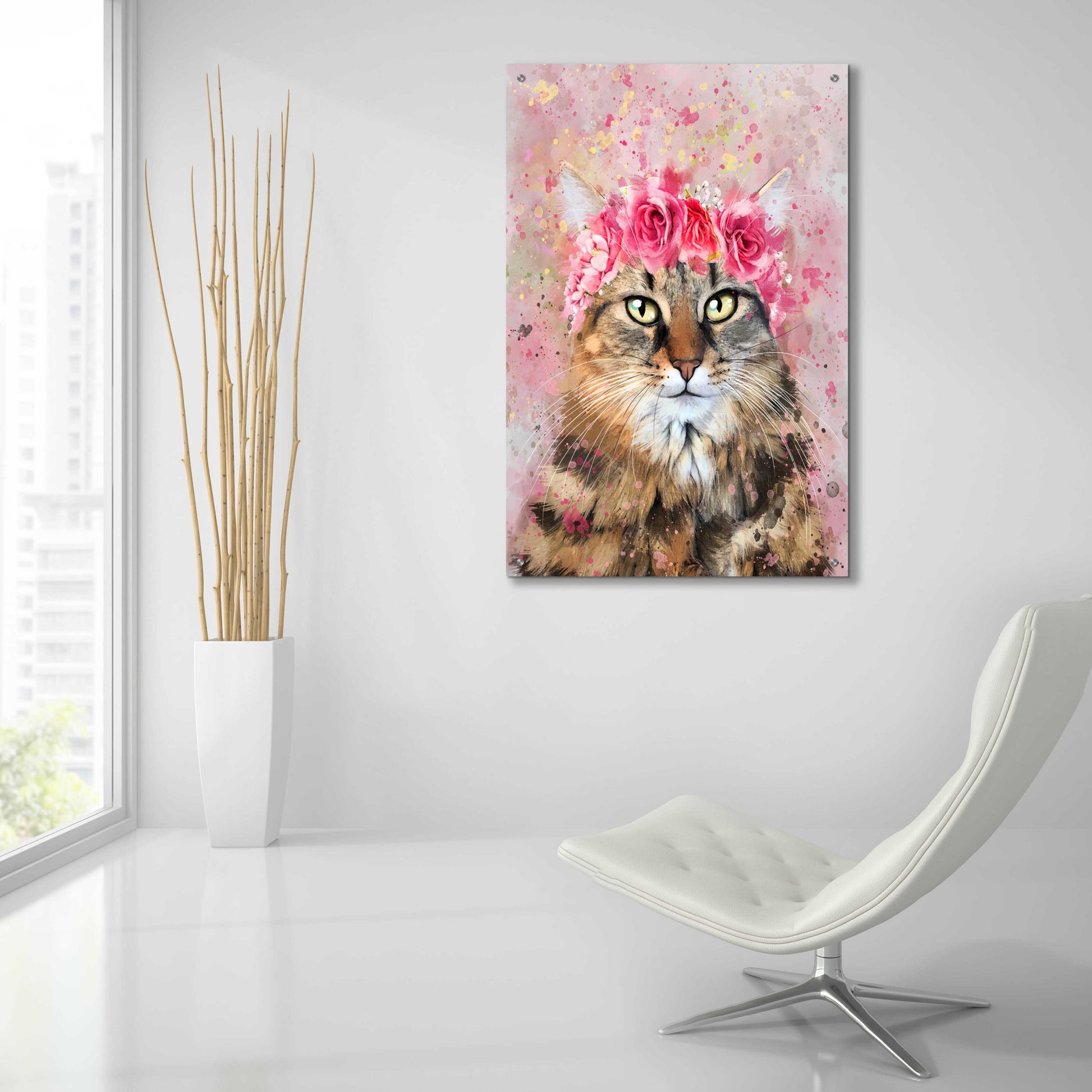 Epic Art 'Flower Crown Tabby Cat 5' by Furbaby Affiliates, Acrylic Glass Wall Art,24x36