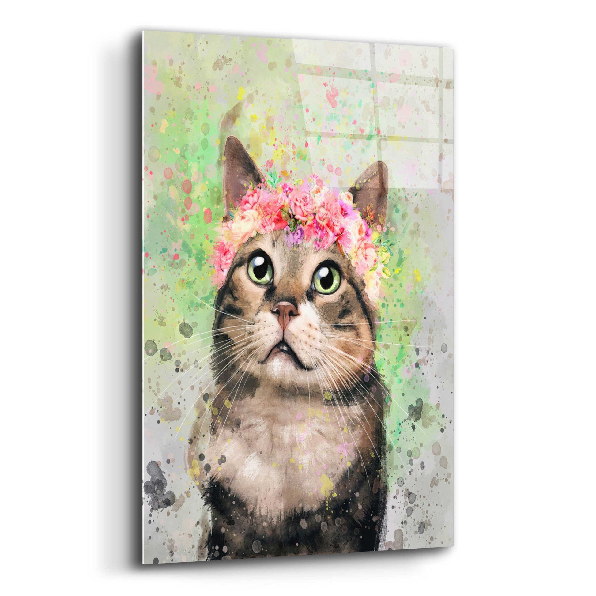 Epic Art 'Flower Crown Tabby Cat 4' by Furbaby Affiliates, Acrylic Glass Wall Art,12x16