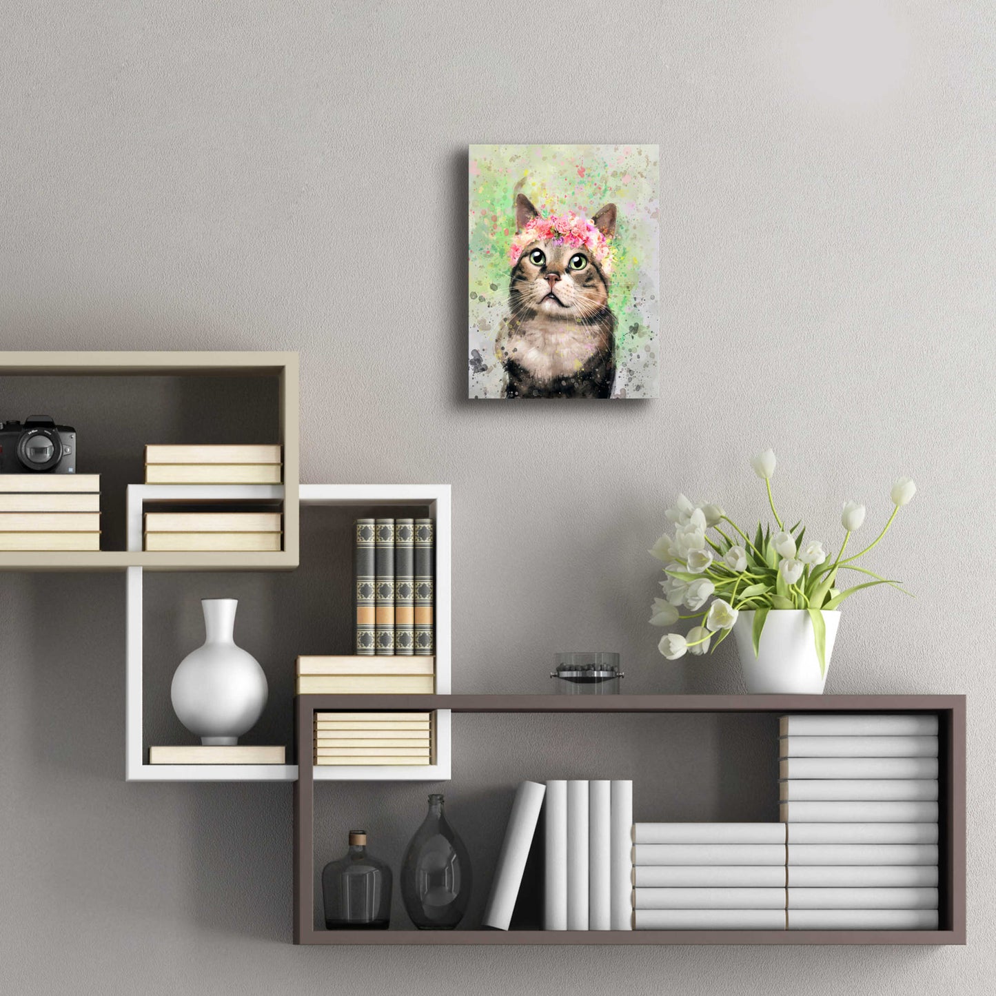 Epic Art 'Flower Crown Tabby Cat 4' by Furbaby Affiliates, Acrylic Glass Wall Art,12x16