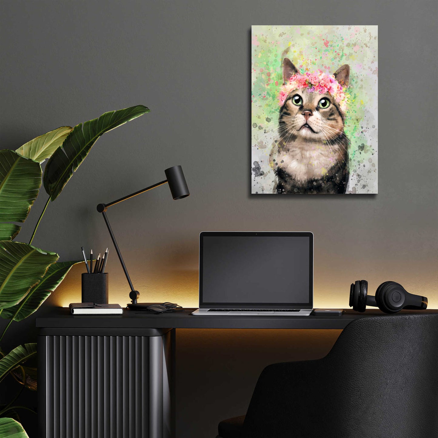 Epic Art 'Flower Crown Tabby Cat 4' by Furbaby Affiliates, Acrylic Glass Wall Art,12x16