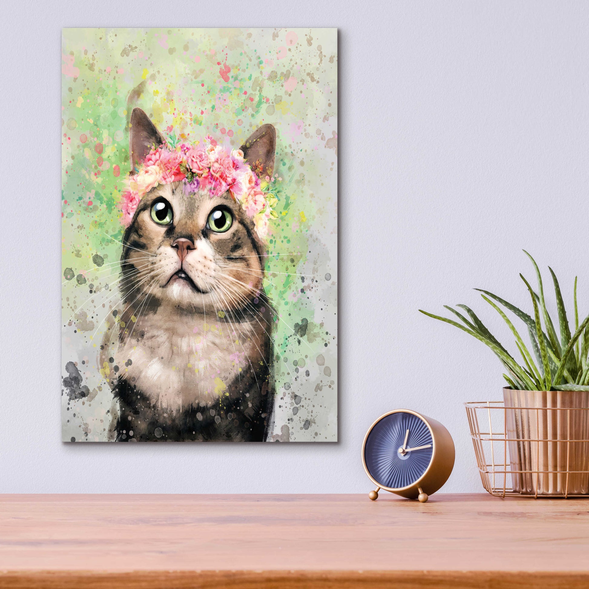 Epic Art 'Flower Crown Tabby Cat 4' by Furbaby Affiliates, Acrylic Glass Wall Art,12x16