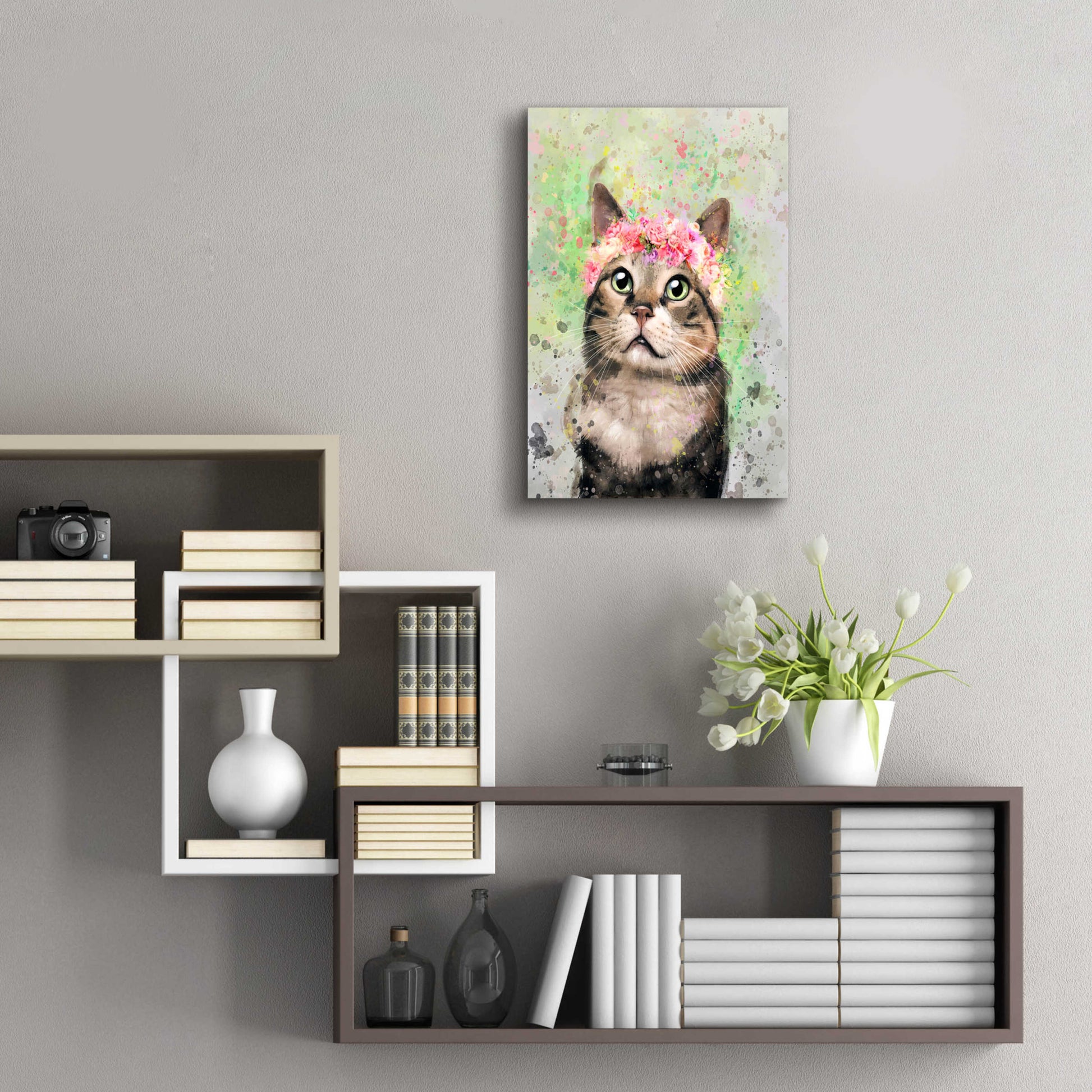 Epic Art 'Flower Crown Tabby Cat 4' by Furbaby Affiliates, Acrylic Glass Wall Art,16x24