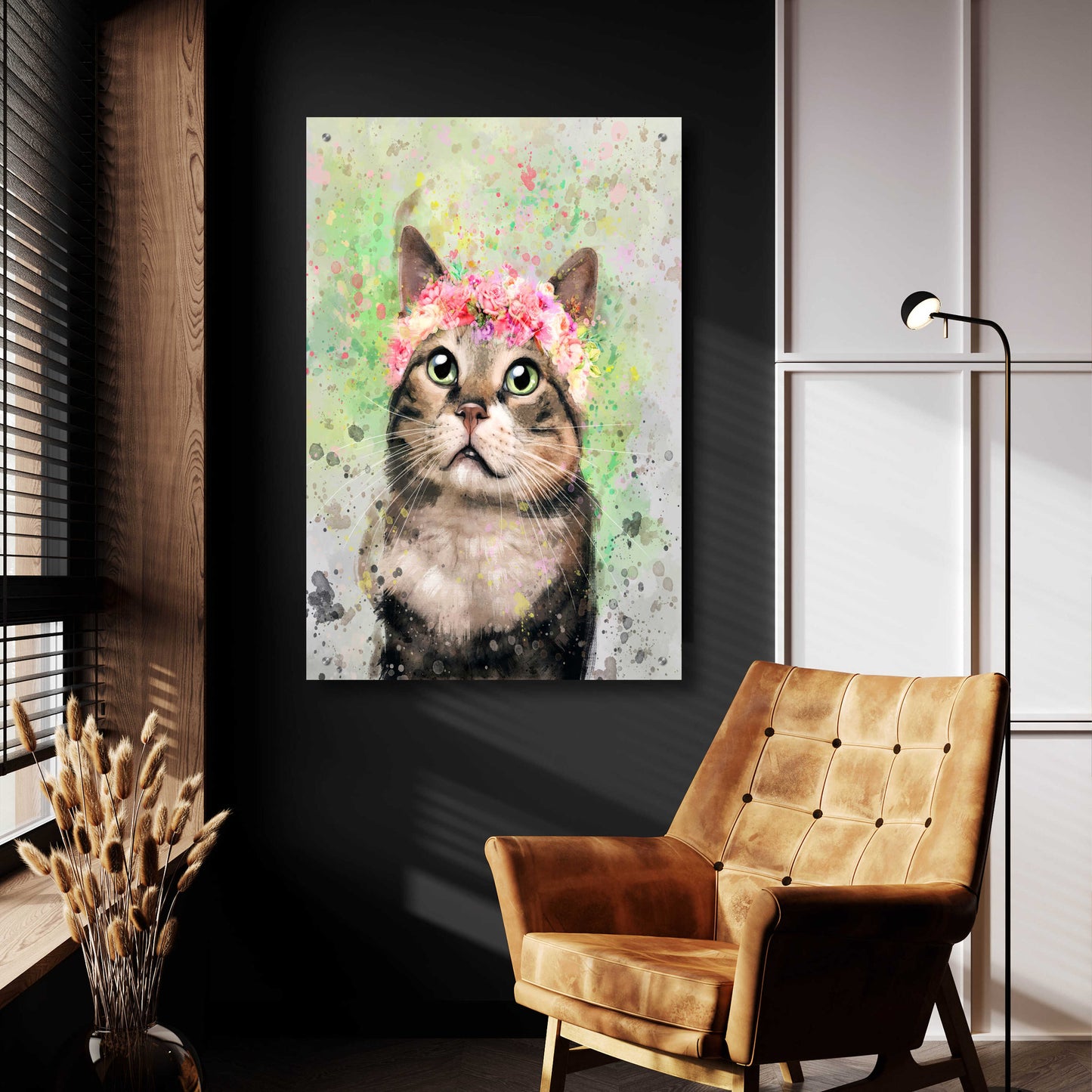 Epic Art 'Flower Crown Tabby Cat 4' by Furbaby Affiliates, Acrylic Glass Wall Art,24x36