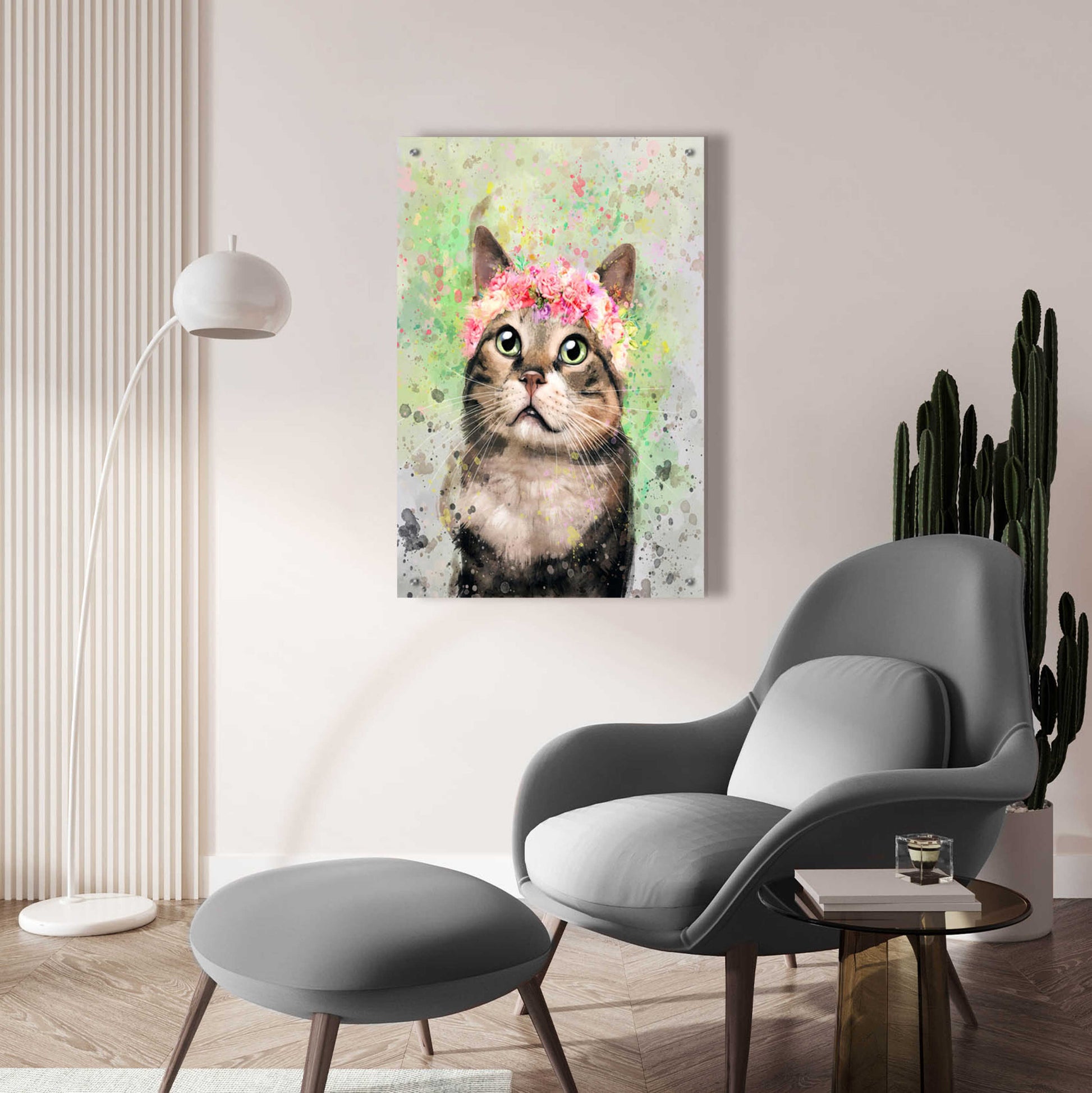 Epic Art 'Flower Crown Tabby Cat 4' by Furbaby Affiliates, Acrylic Glass Wall Art,24x36