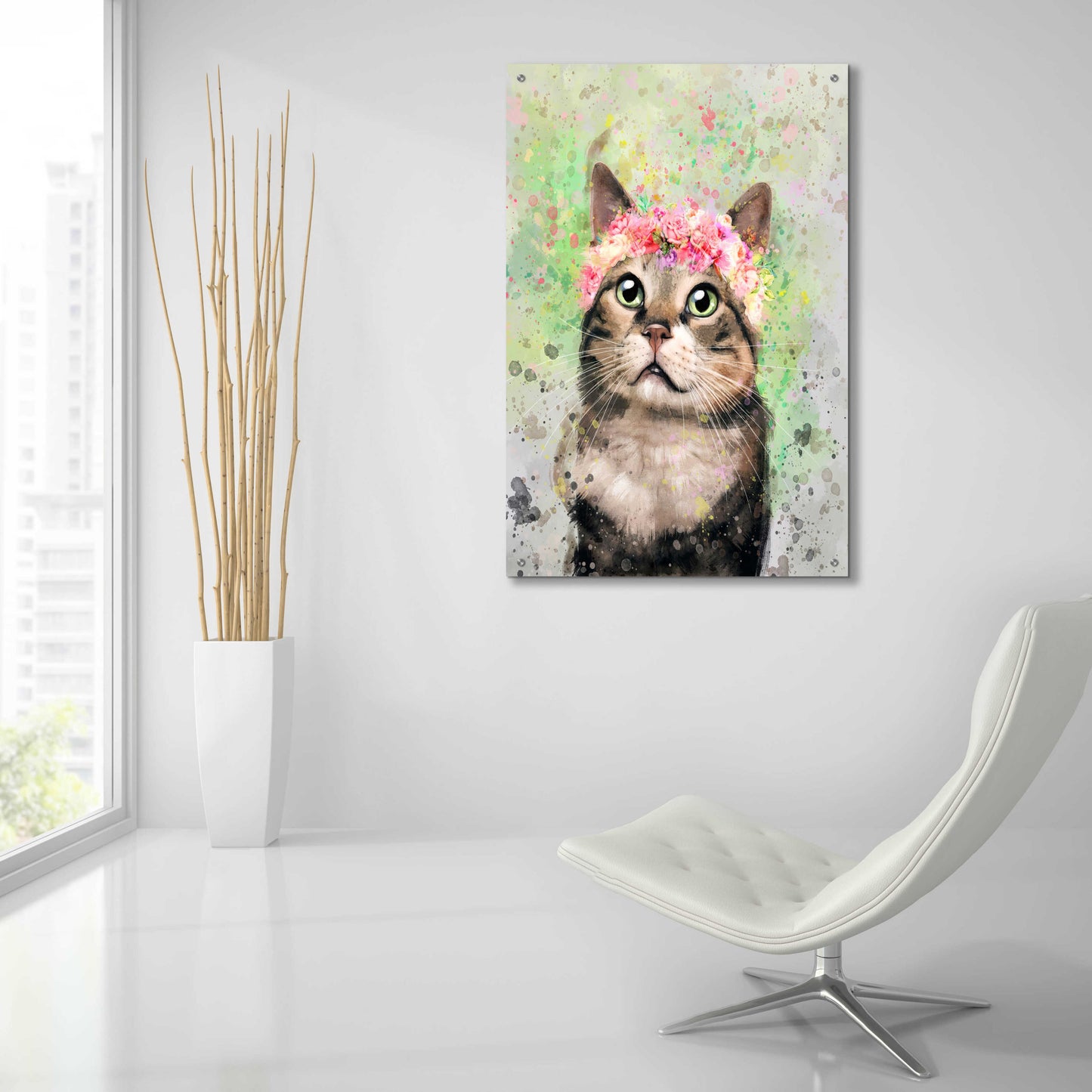 Epic Art 'Flower Crown Tabby Cat 4' by Furbaby Affiliates, Acrylic Glass Wall Art,24x36