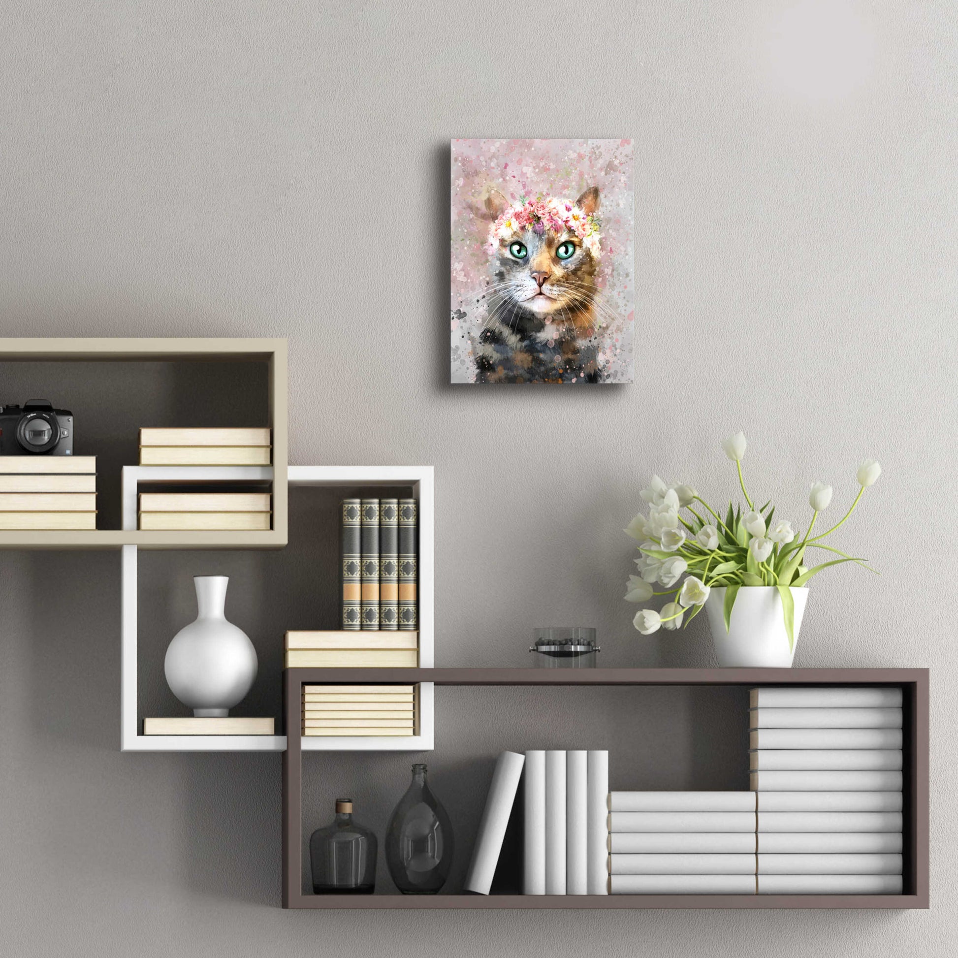 Epic Art 'Flower Crown Tabby Cat 3' by Furbaby Affiliates, Acrylic Glass Wall Art,12x16