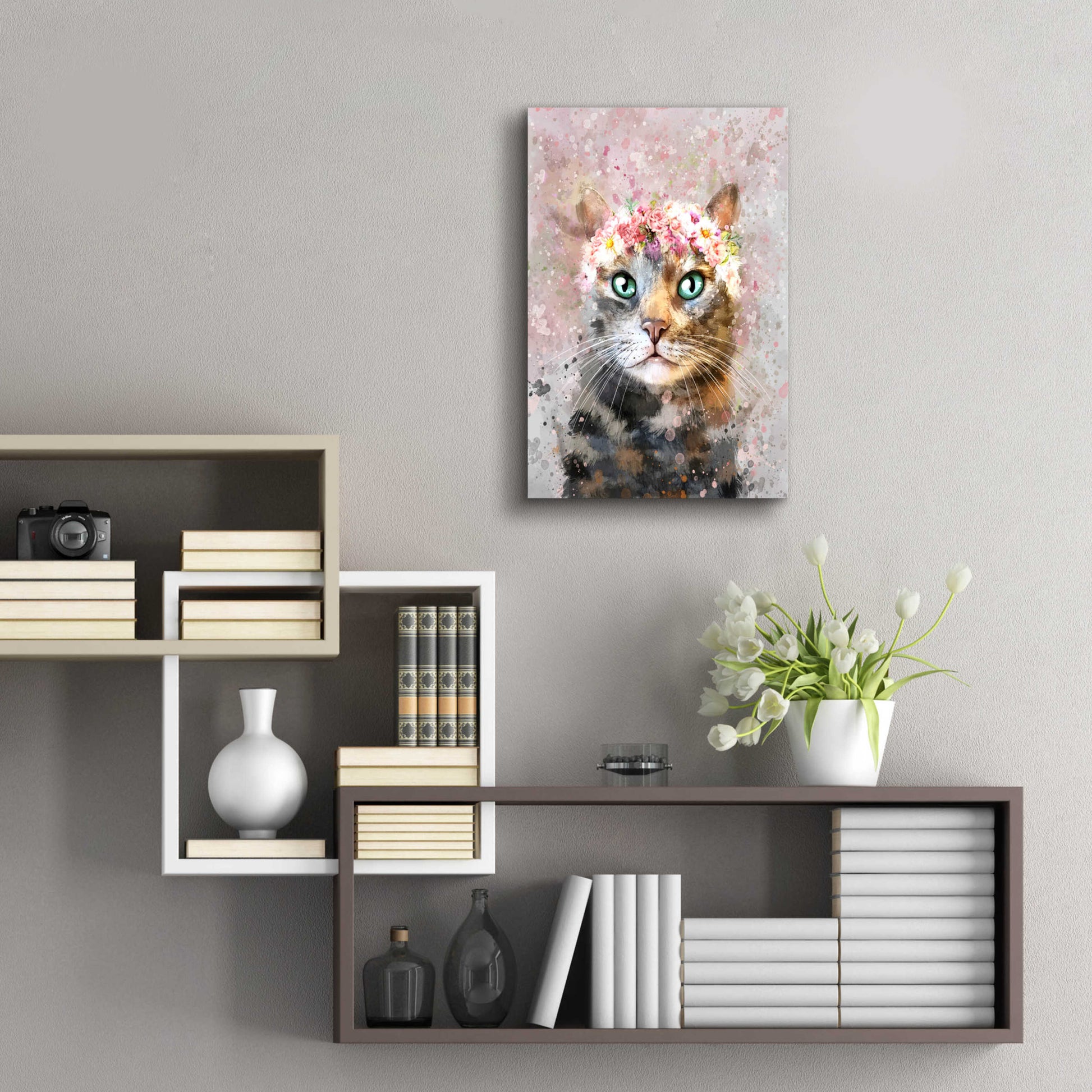 Epic Art 'Flower Crown Tabby Cat 3' by Furbaby Affiliates, Acrylic Glass Wall Art,16x24