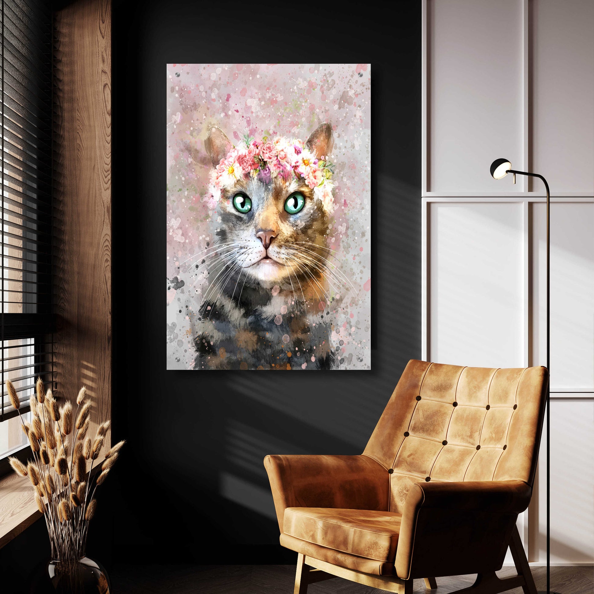 Epic Art 'Flower Crown Tabby Cat 3' by Furbaby Affiliates, Acrylic Glass Wall Art,24x36