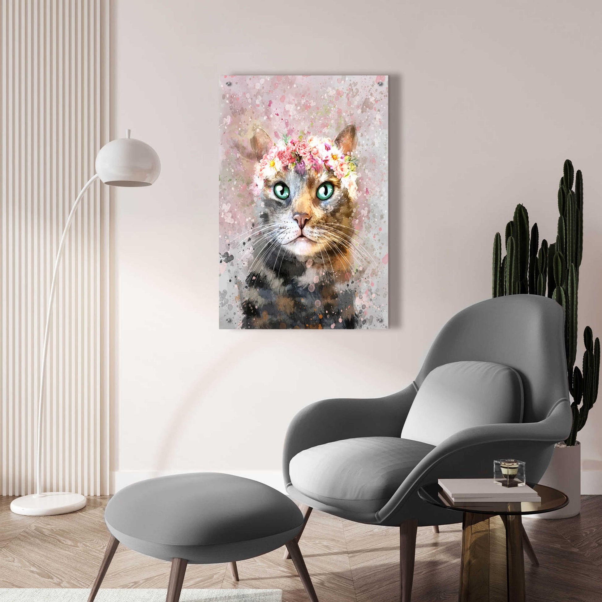 Epic Art 'Flower Crown Tabby Cat 3' by Furbaby Affiliates, Acrylic Glass Wall Art,24x36