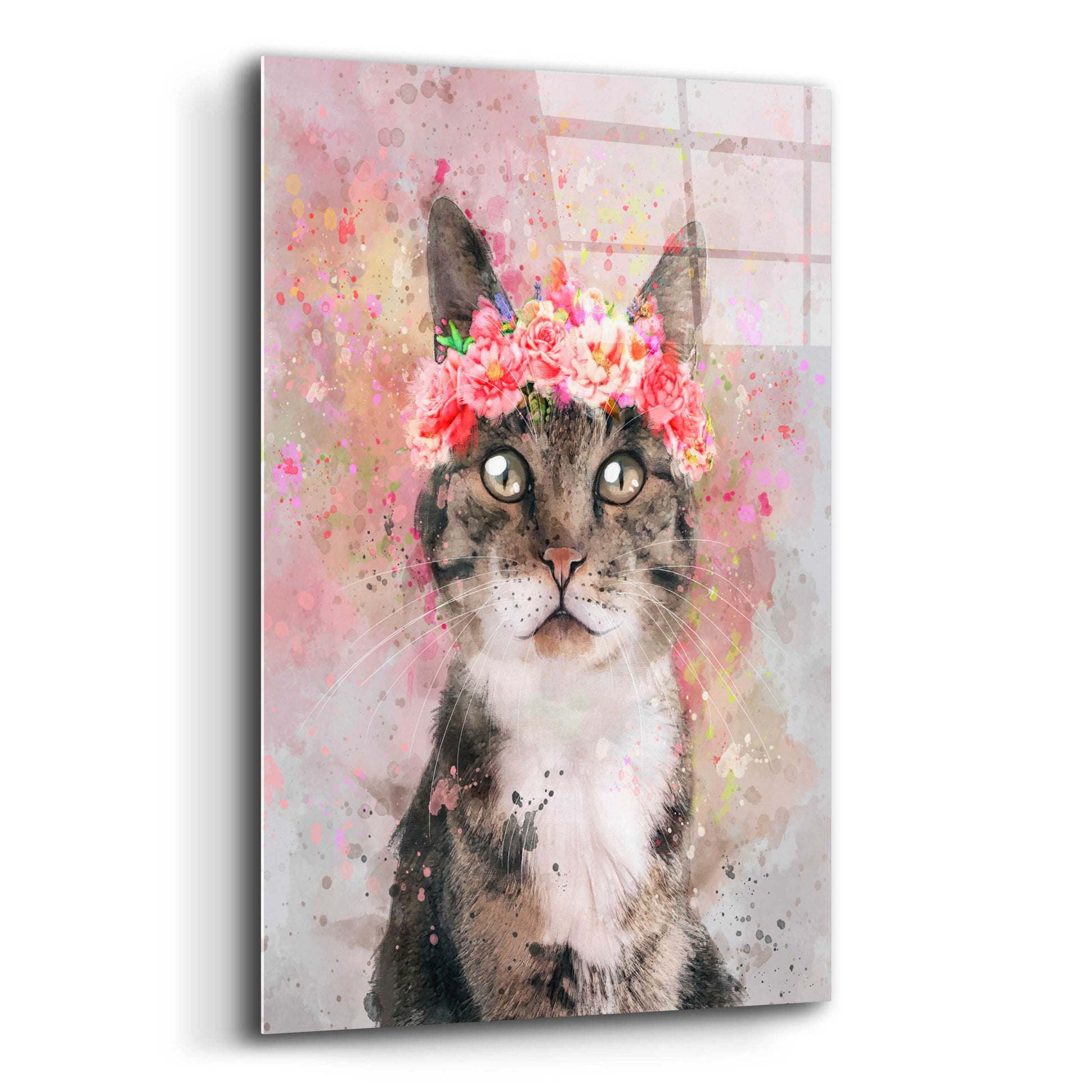 Epic Art 'Flower Crown Tabby Cat 2' by Furbaby Affiliates, Acrylic Glass Wall Art,12x16