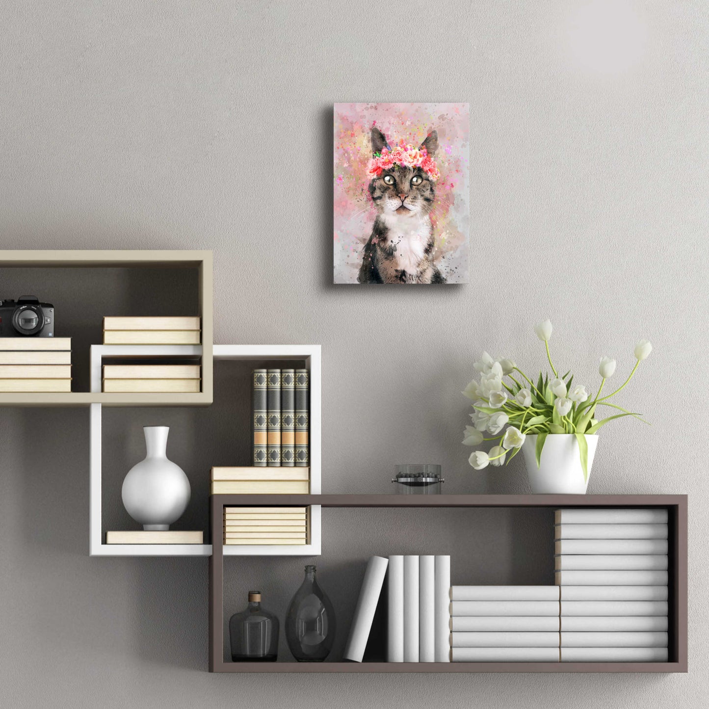 Epic Art 'Flower Crown Tabby Cat 2' by Furbaby Affiliates, Acrylic Glass Wall Art,12x16