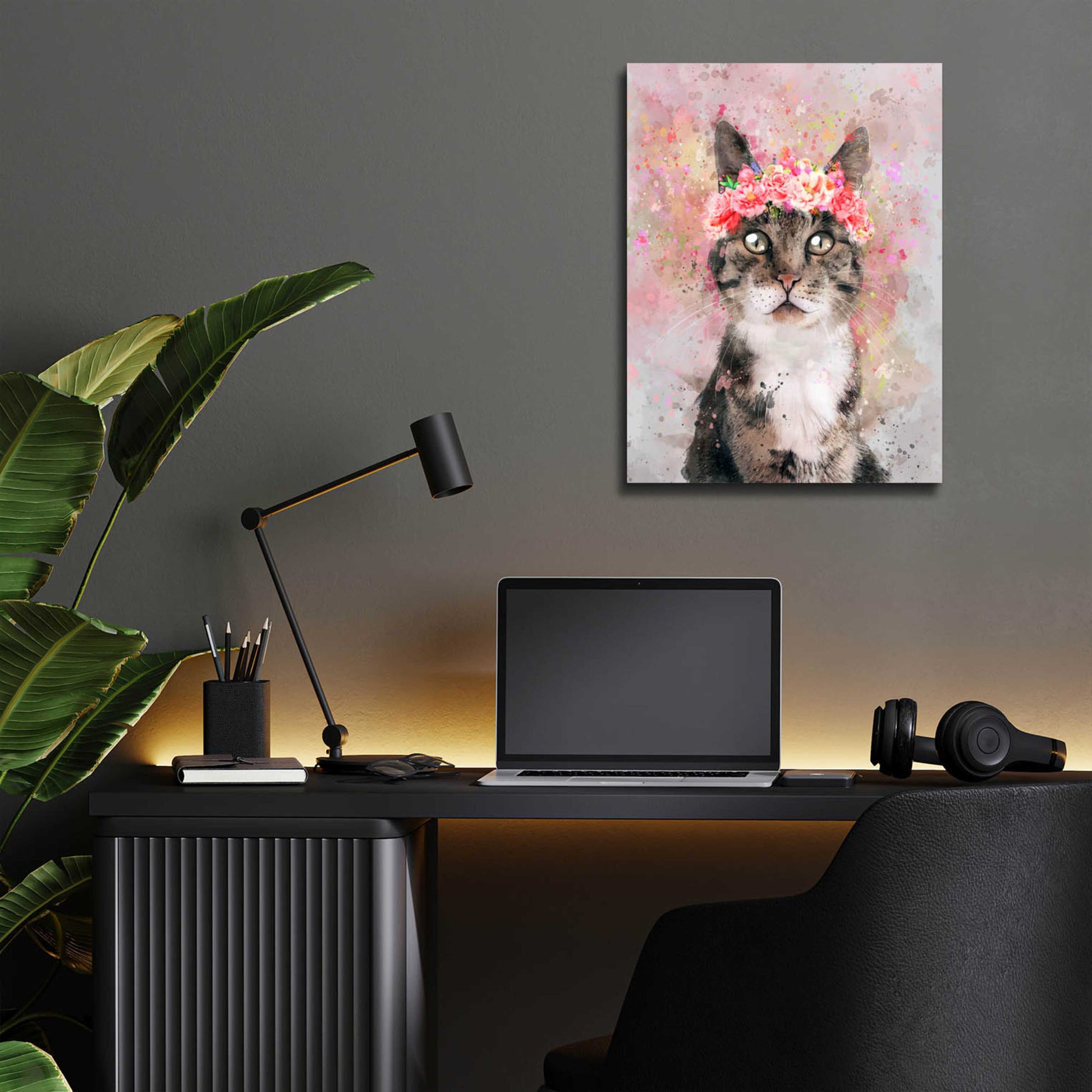 Epic Art 'Flower Crown Tabby Cat 2' by Furbaby Affiliates, Acrylic Glass Wall Art,12x16