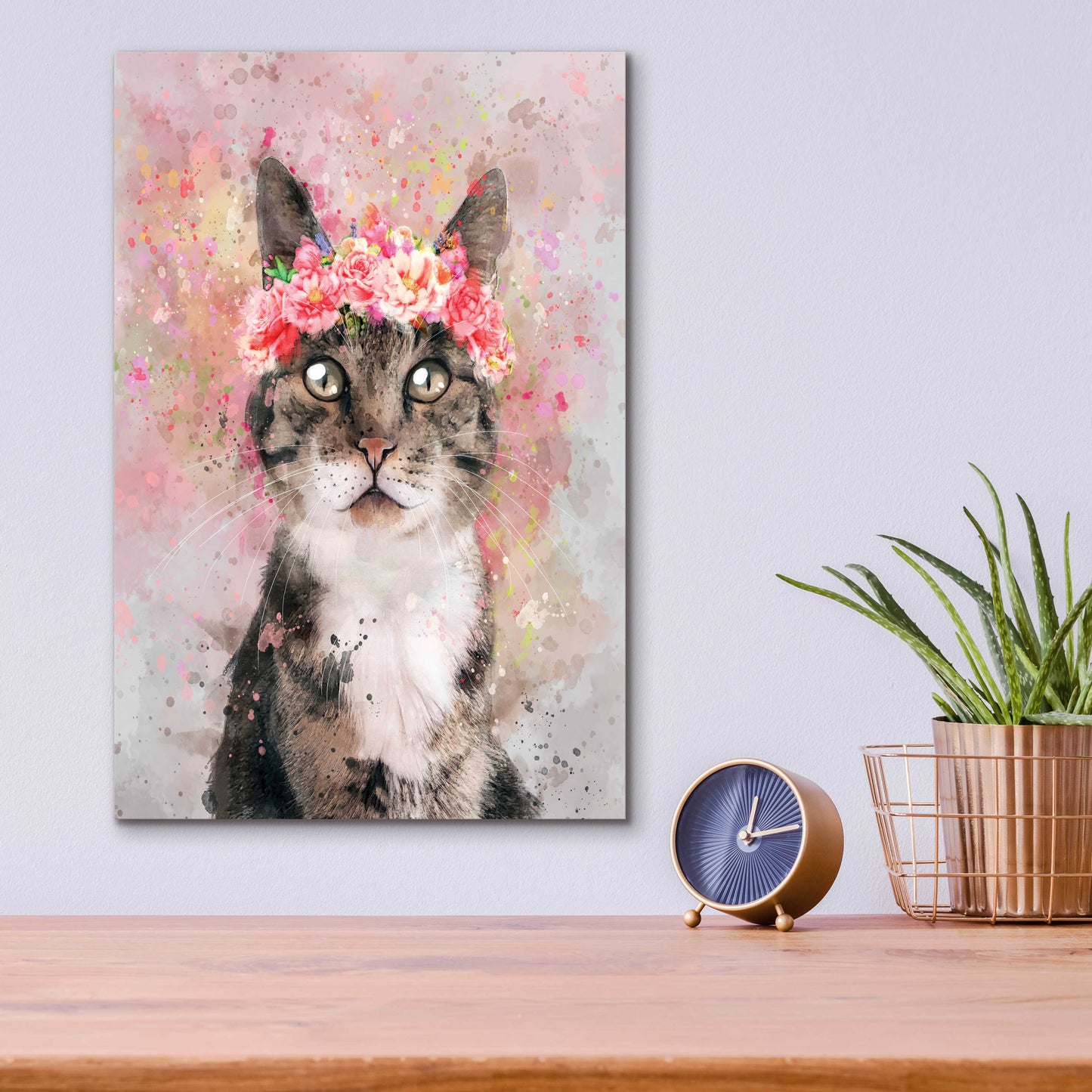 Epic Art 'Flower Crown Tabby Cat 2' by Furbaby Affiliates, Acrylic Glass Wall Art,12x16