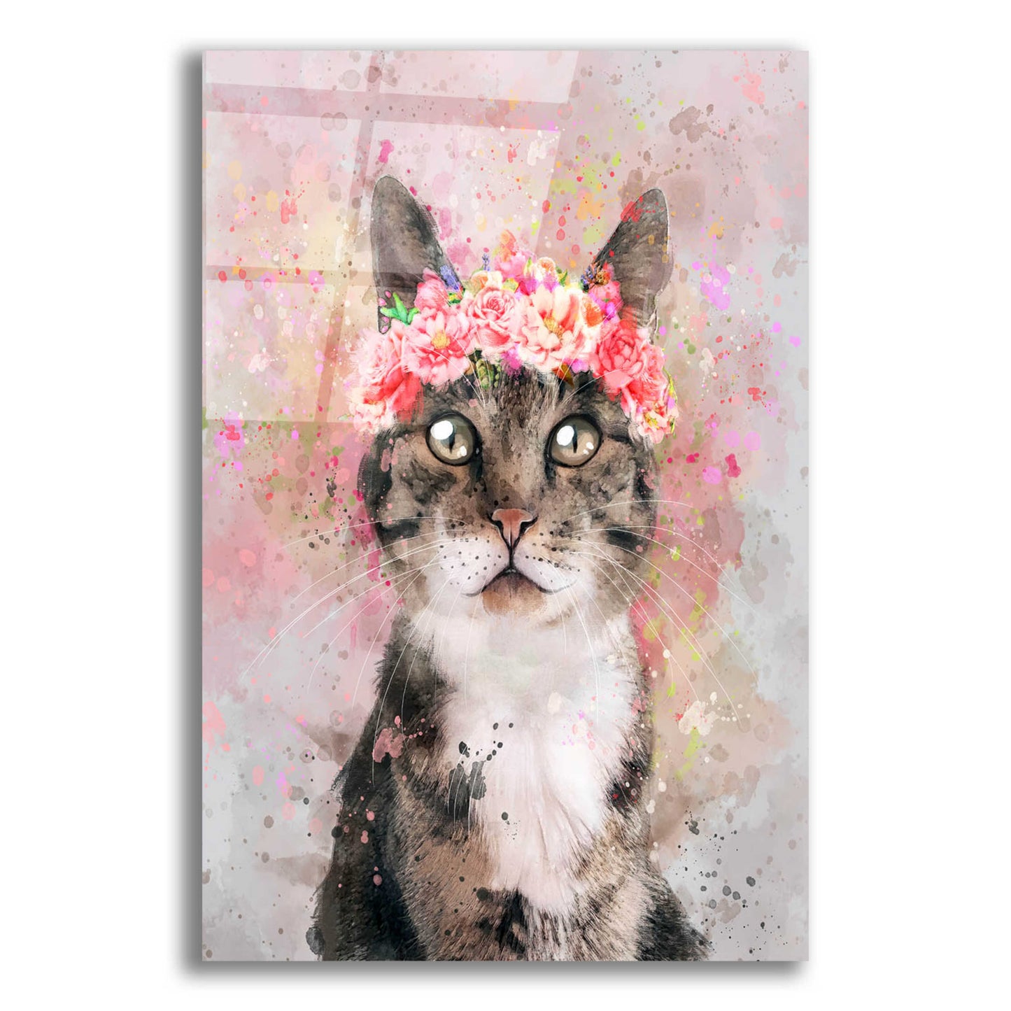 Epic Art 'Flower Crown Tabby Cat 2' by Furbaby Affiliates, Acrylic Glass Wall Art,12x16