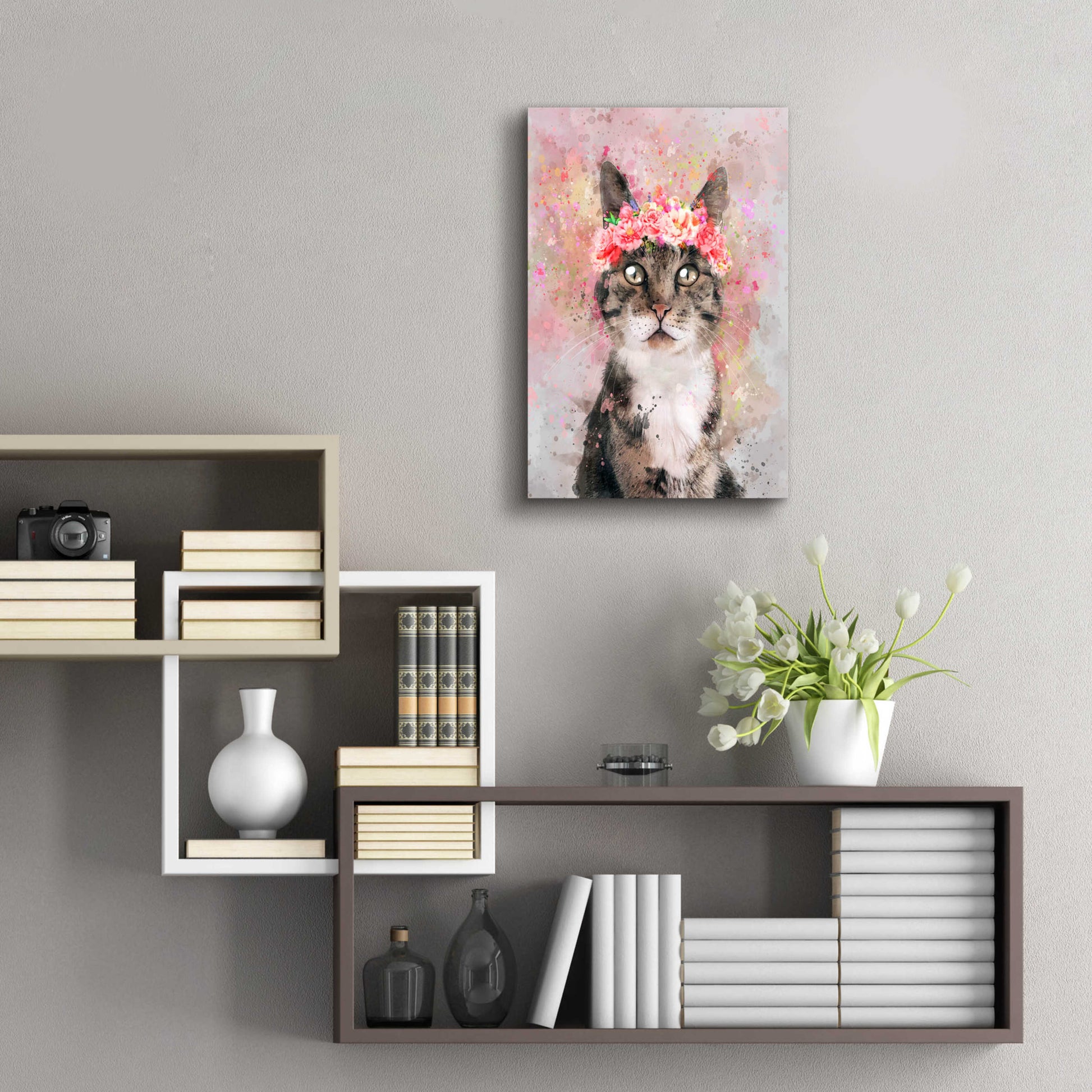 Epic Art 'Flower Crown Tabby Cat 2' by Furbaby Affiliates, Acrylic Glass Wall Art,16x24