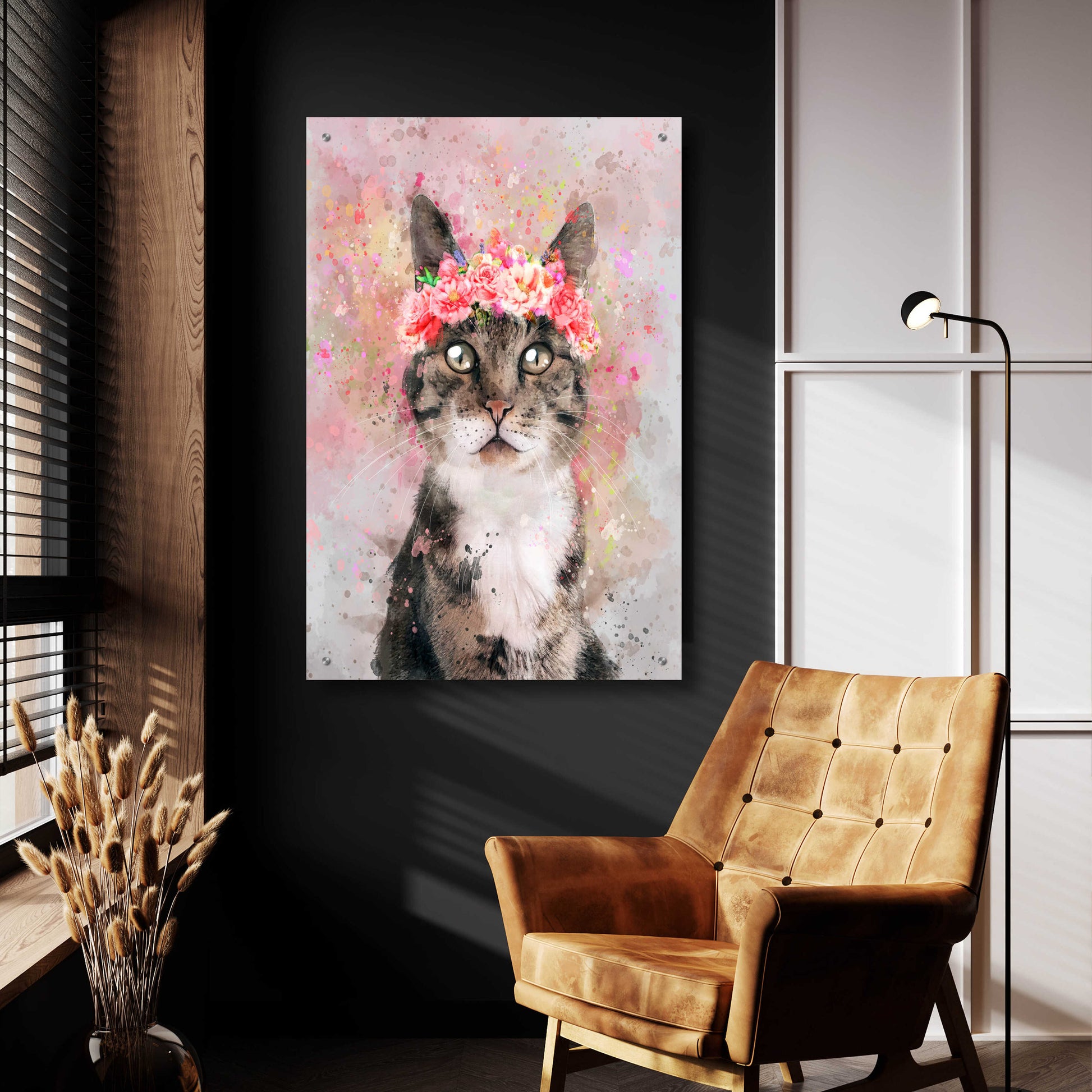 Epic Art 'Flower Crown Tabby Cat 2' by Furbaby Affiliates, Acrylic Glass Wall Art,24x36