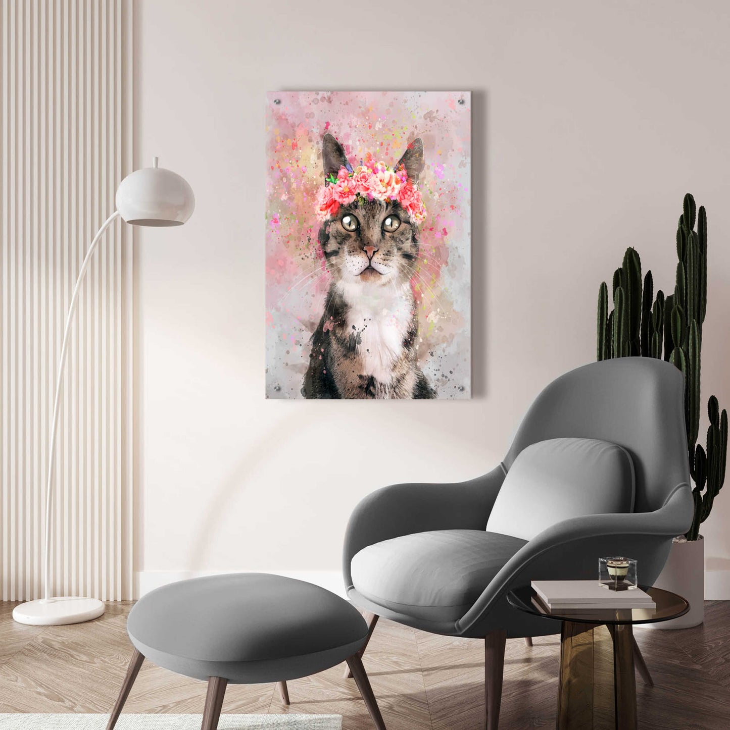 Epic Art 'Flower Crown Tabby Cat 2' by Furbaby Affiliates, Acrylic Glass Wall Art,24x36