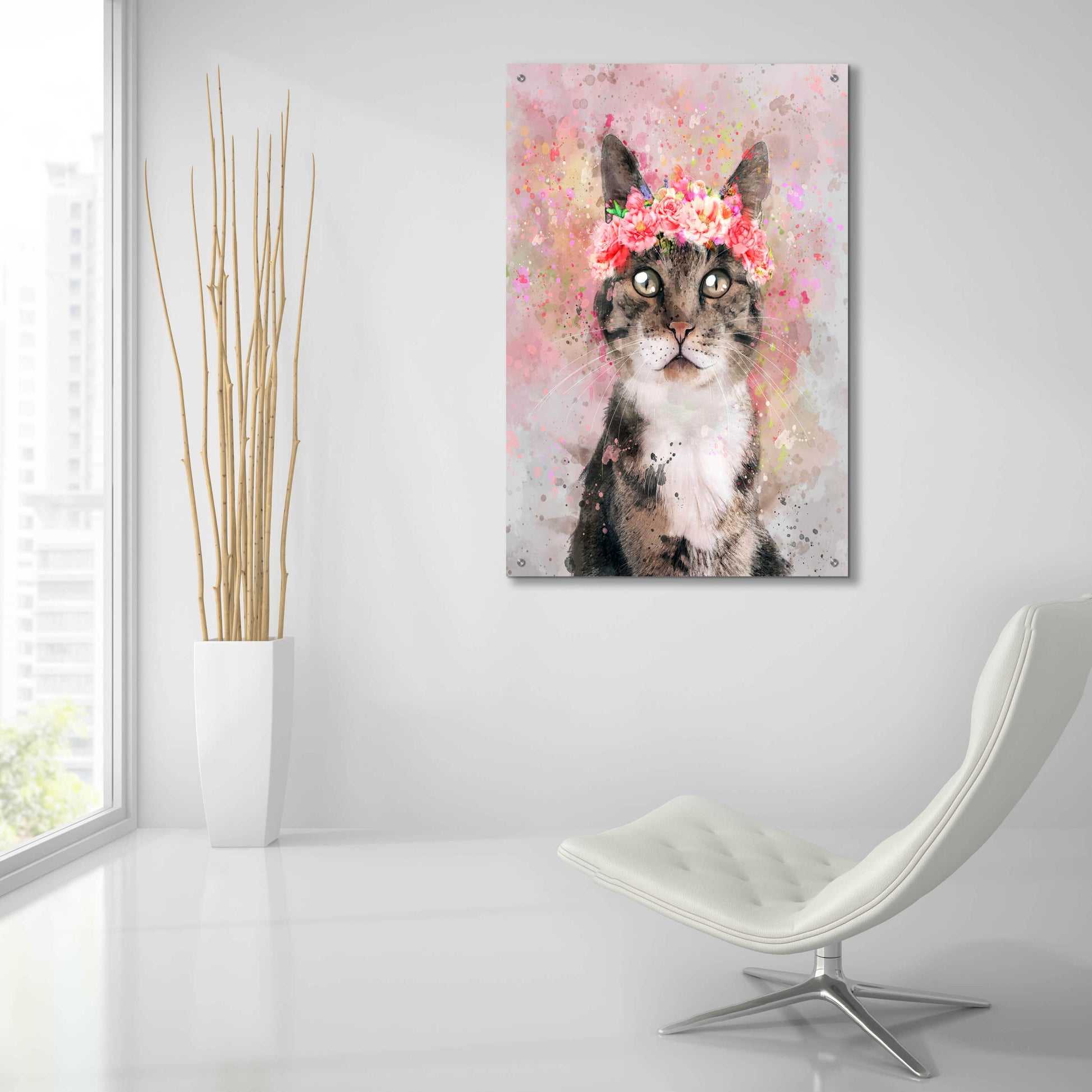 Epic Art 'Flower Crown Tabby Cat 2' by Furbaby Affiliates, Acrylic Glass Wall Art,24x36