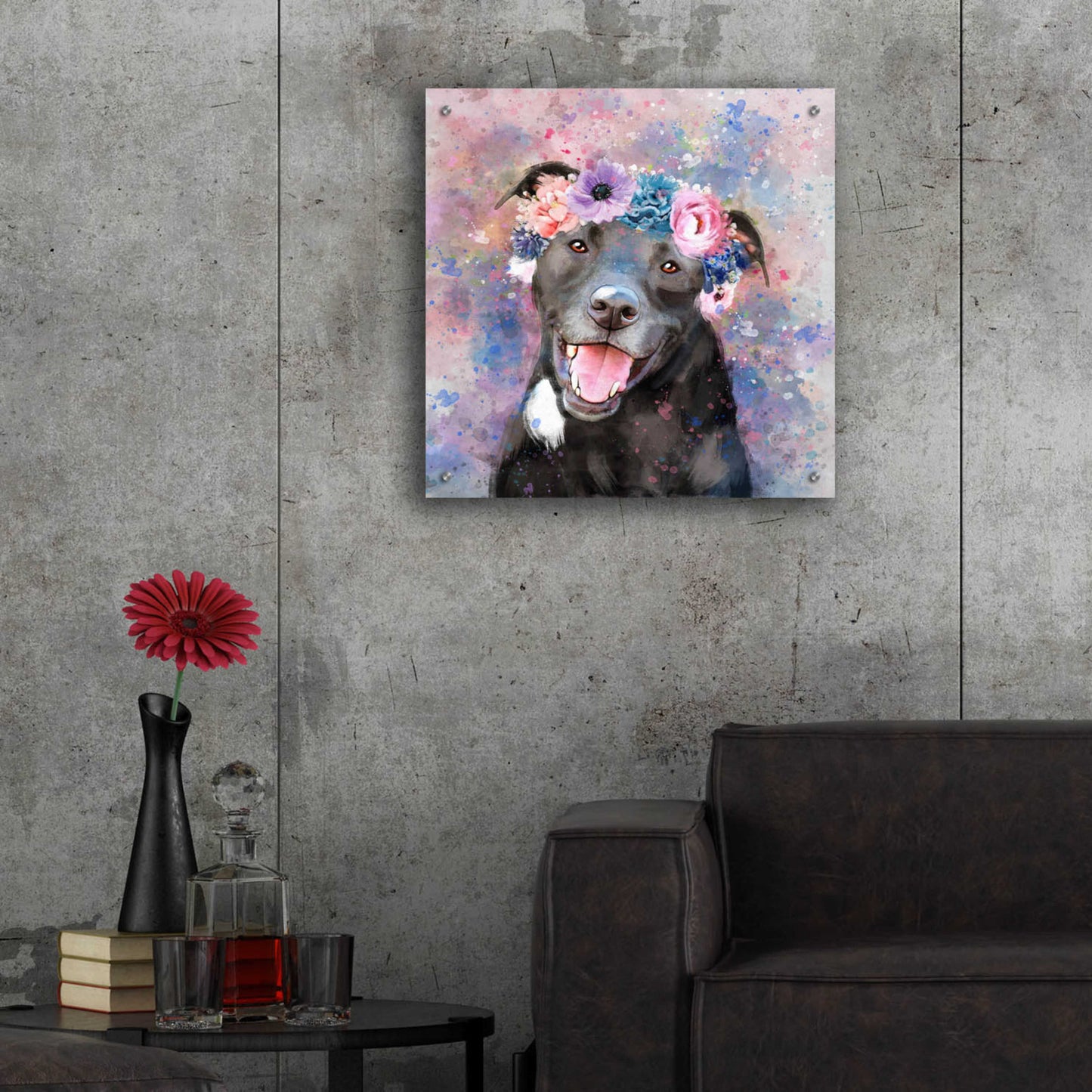 Epic Art 'Flower Crown Staffordshire Terrier' by Furbaby Affiliates, Acrylic Glass Wall Art,24x24