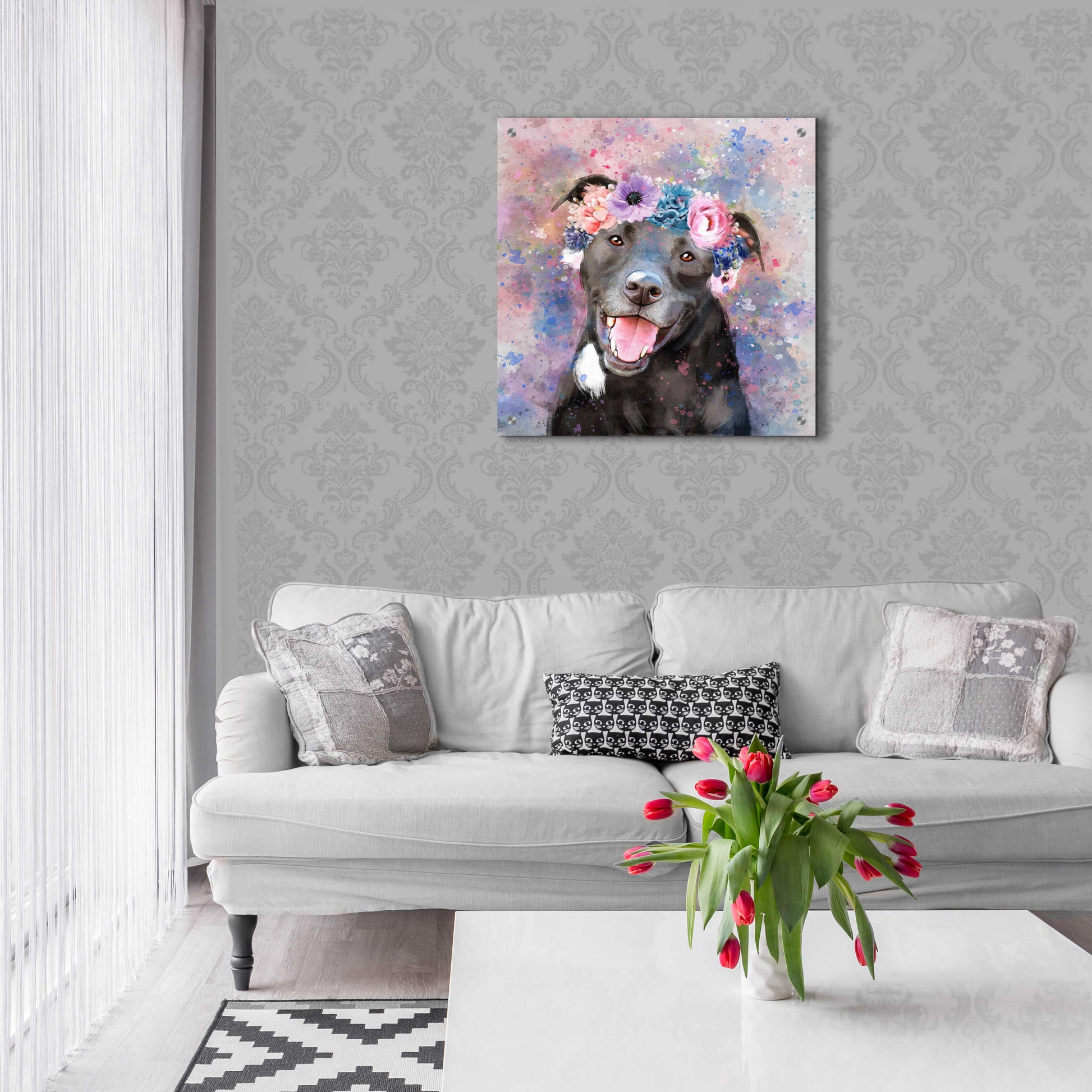 Epic Art 'Flower Crown Staffordshire Terrier' by Furbaby Affiliates, Acrylic Glass Wall Art,24x24