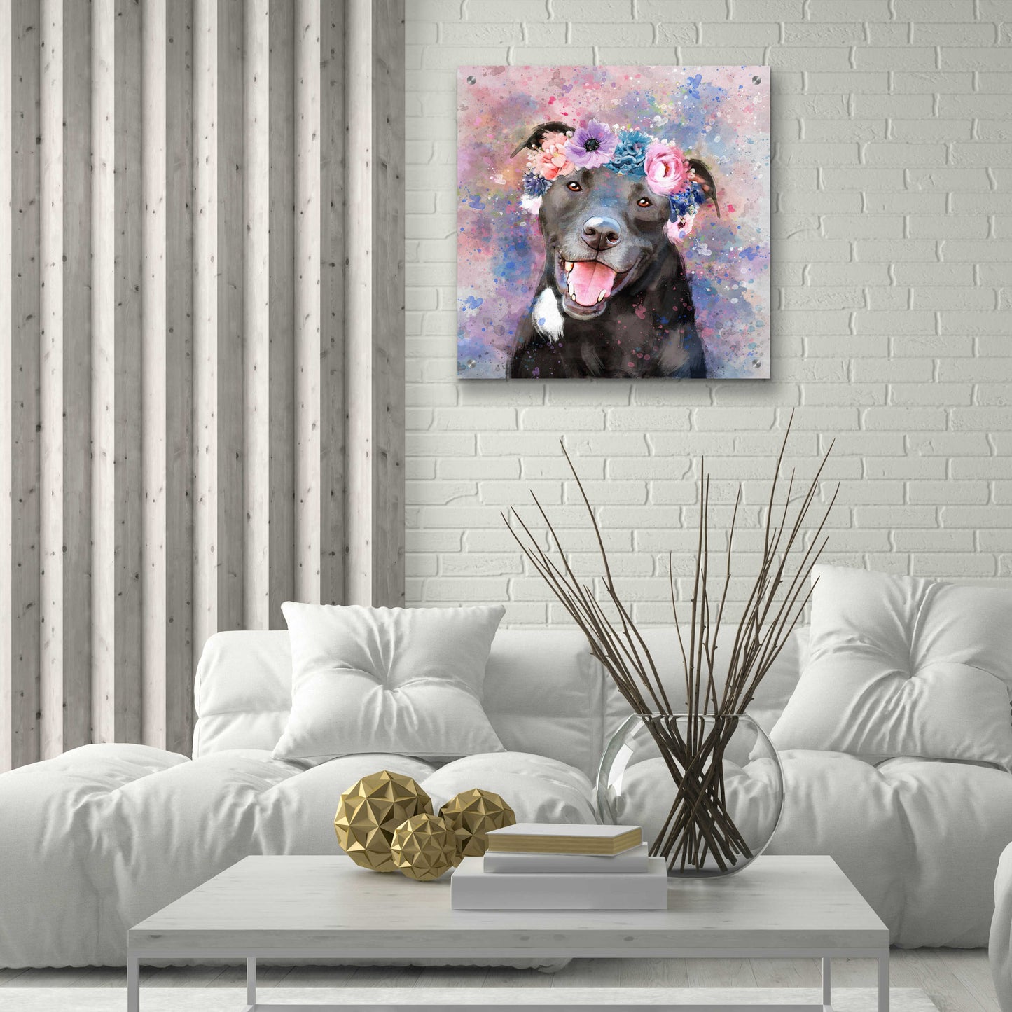 Epic Art 'Flower Crown Staffordshire Terrier' by Furbaby Affiliates, Acrylic Glass Wall Art,24x24