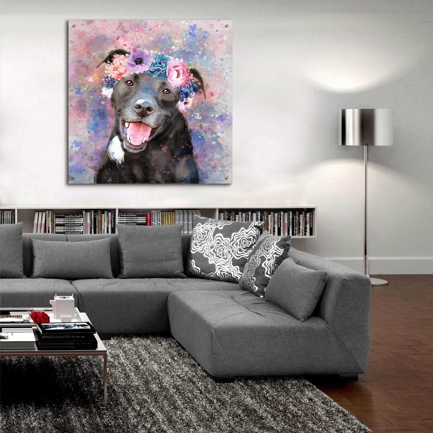 Epic Art 'Flower Crown Staffordshire Terrier' by Furbaby Affiliates, Acrylic Glass Wall Art,36x36