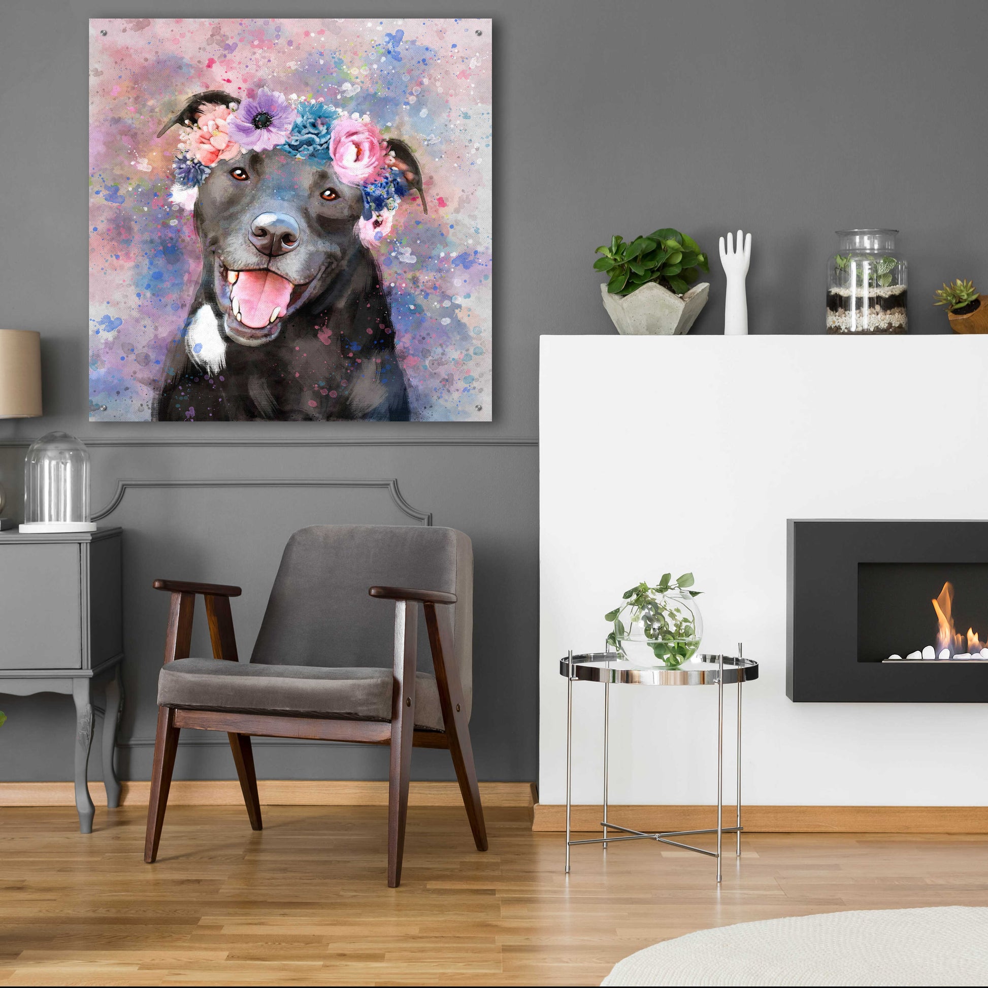 Epic Art 'Flower Crown Staffordshire Terrier' by Furbaby Affiliates, Acrylic Glass Wall Art,36x36