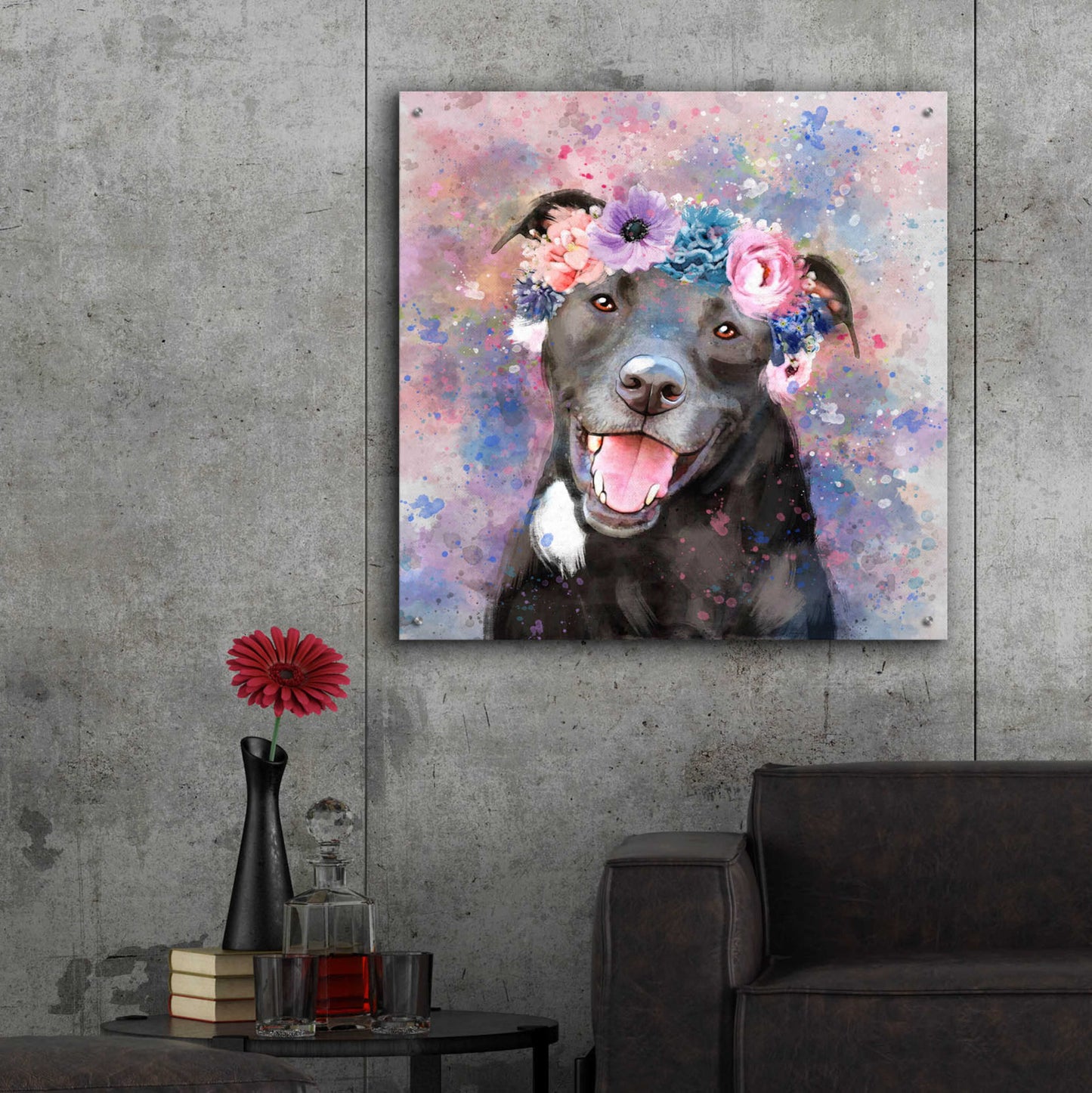 Epic Art 'Flower Crown Staffordshire Terrier' by Furbaby Affiliates, Acrylic Glass Wall Art,36x36