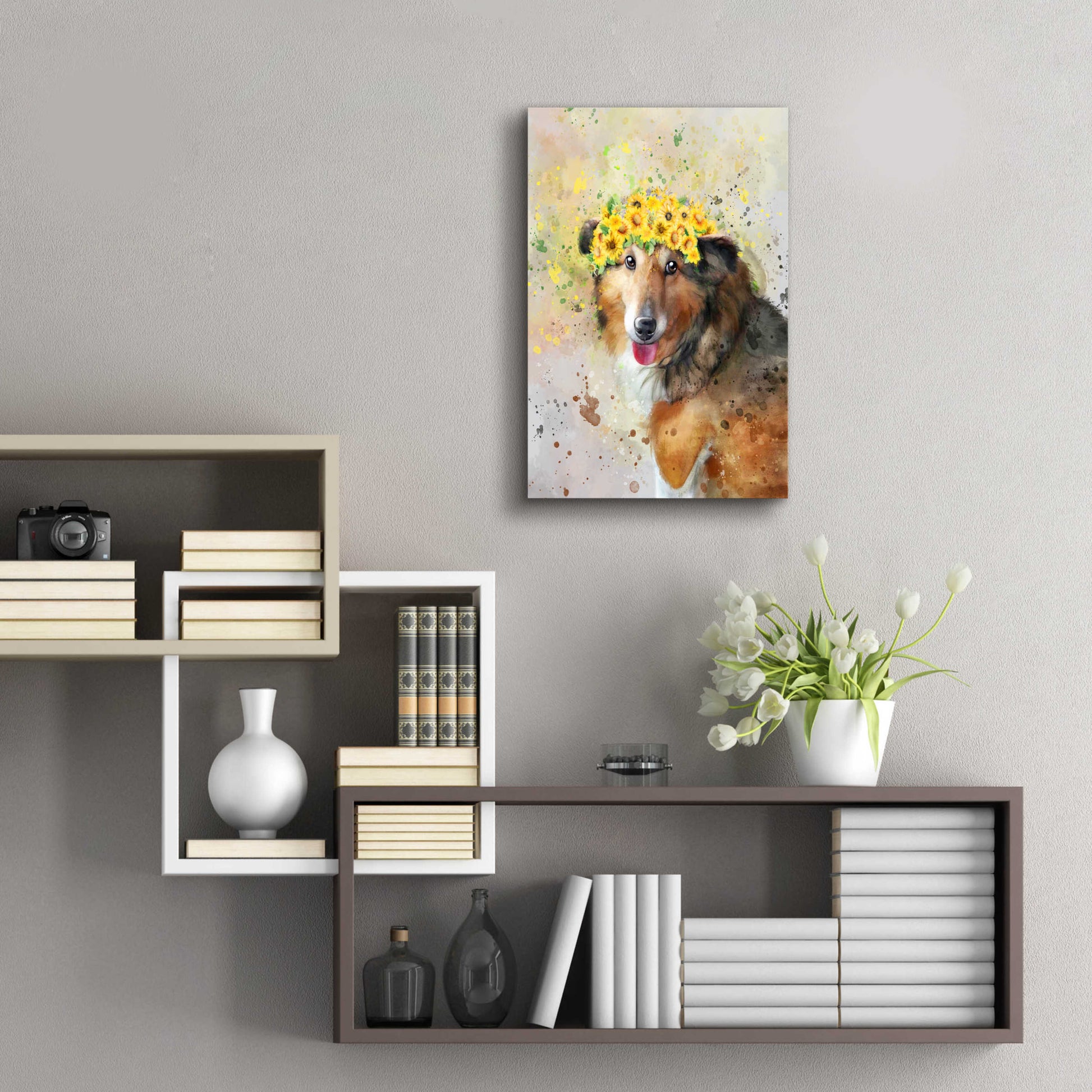 Epic Art 'Flower Crown Shetland Sheepdog' by Furbaby Affiliates, Acrylic Glass Wall Art,16x24