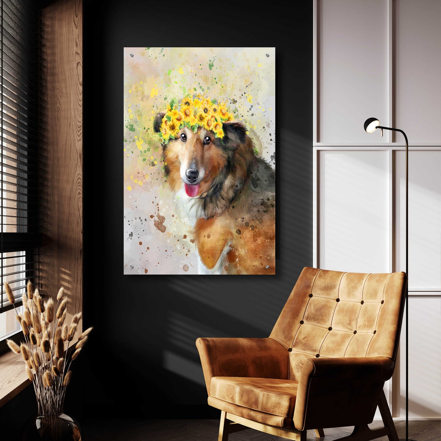 Epic Art 'Flower Crown Shetland Sheepdog' by Furbaby Affiliates, Acrylic Glass Wall Art,24x36