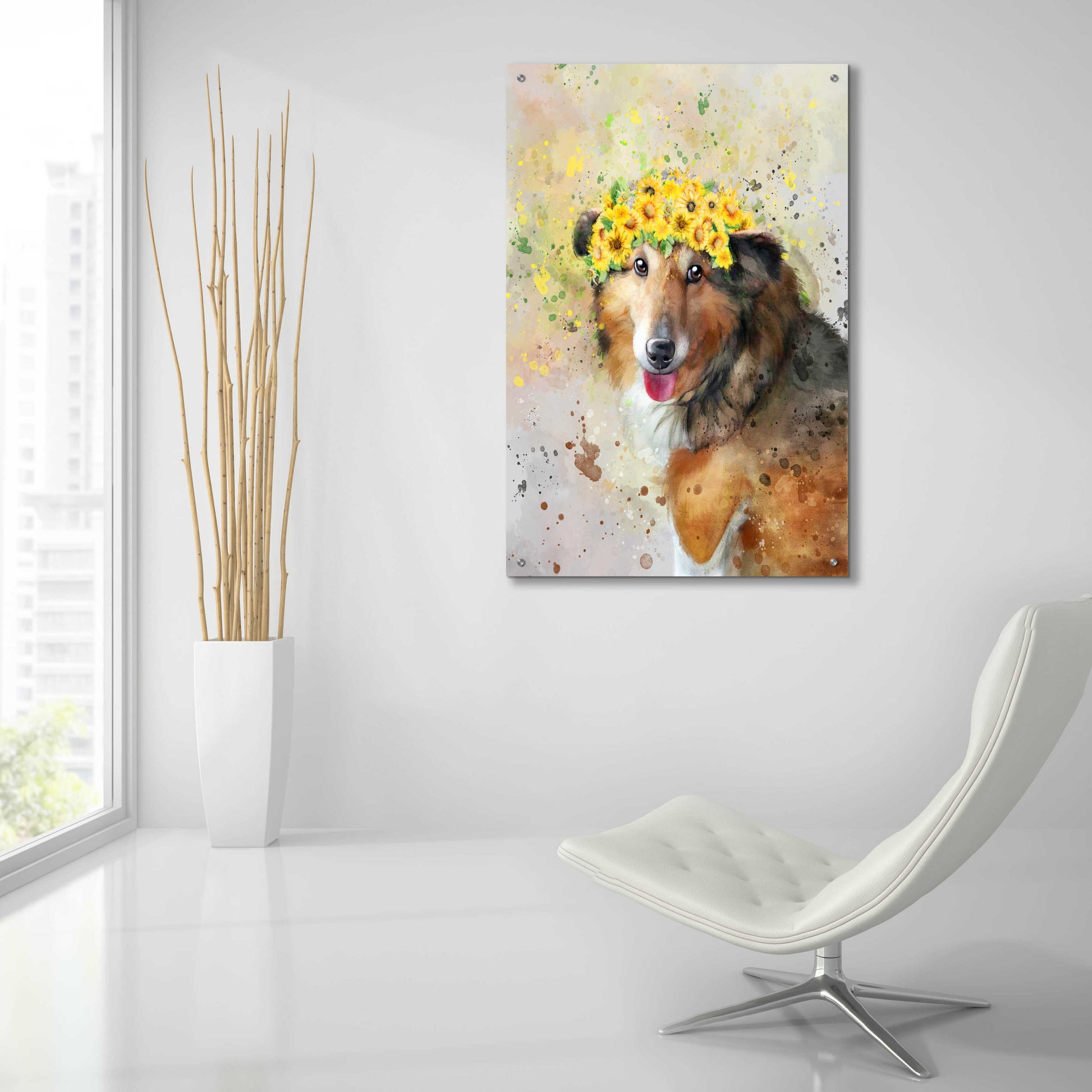 Epic Art 'Flower Crown Shetland Sheepdog' by Furbaby Affiliates, Acrylic Glass Wall Art,24x36