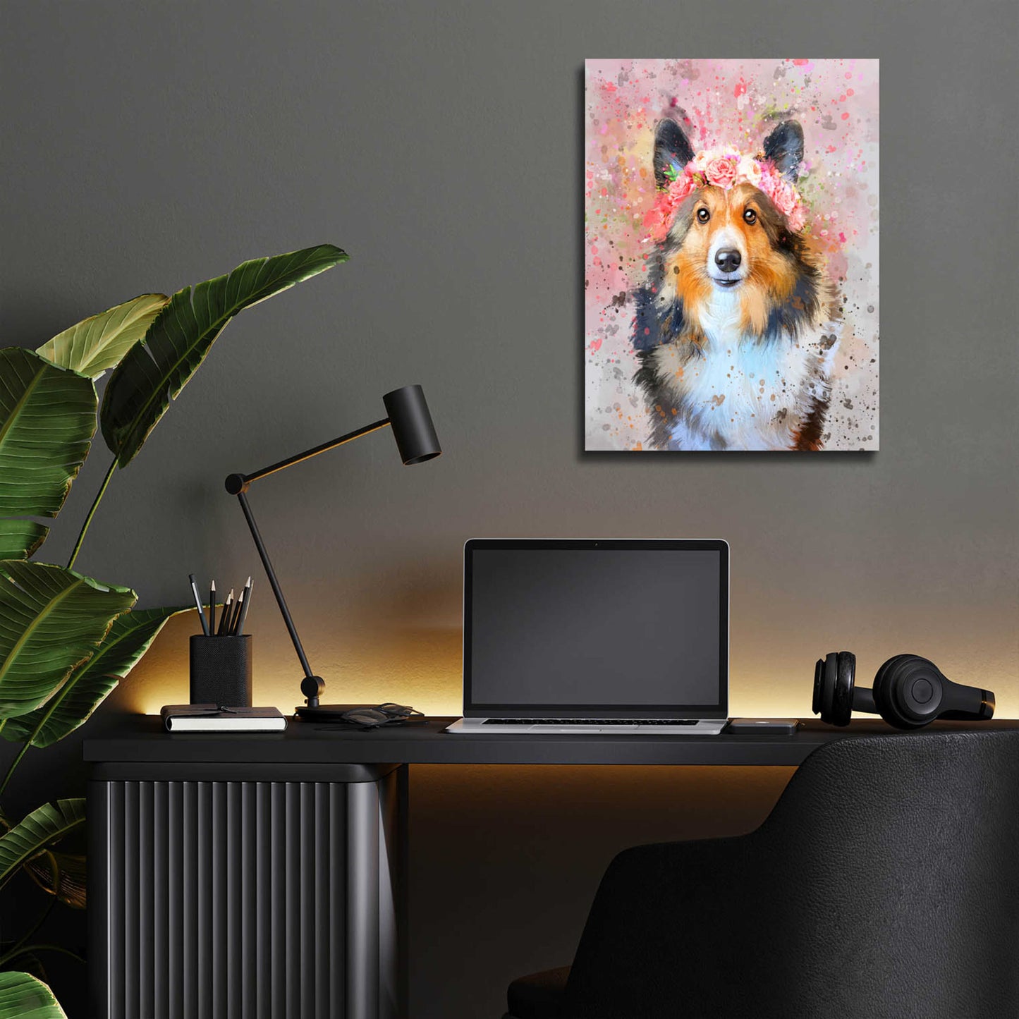 Epic Art 'Flower Crown Shetland Sheepdog 2' by Furbaby Affiliates, Acrylic Glass Wall Art,12x16